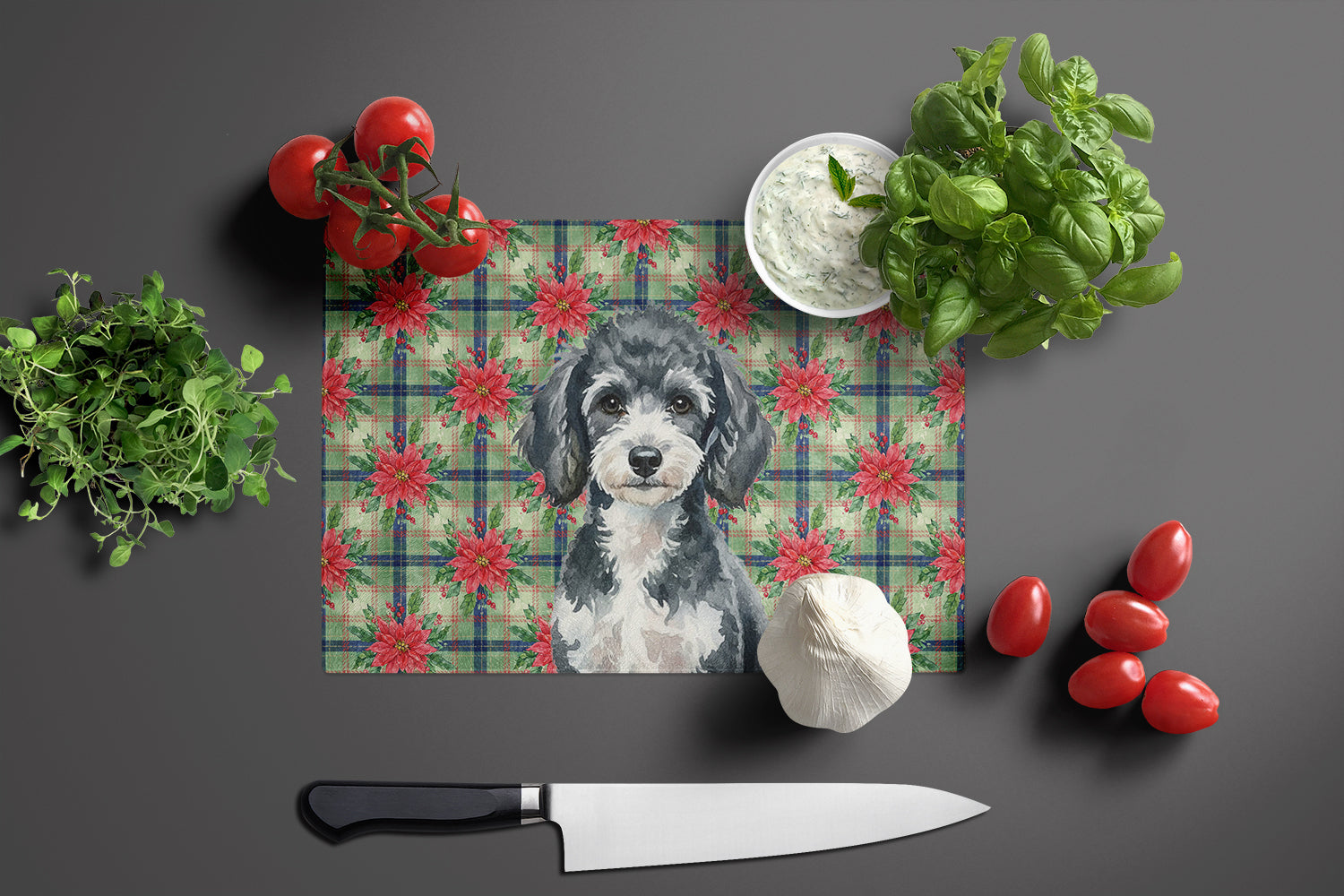 Miniature Parti Poodle Christmas PoinsettIas Cutting Board Tempered Glass Kitchen Cutting Surface, Heat Resistant Chopping, Non-Slip Feet, Food Prep & Serving