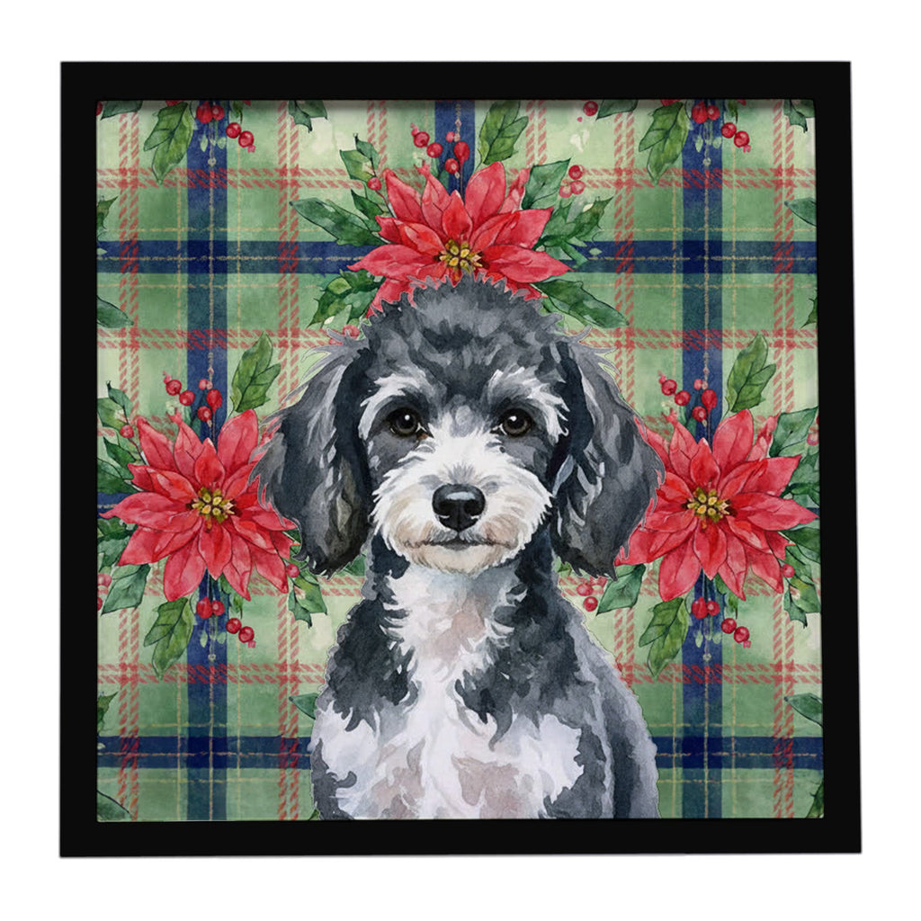 Miniature Parti Poodle Christmas PoinsettIas Framed Metal Print Bathroom, Kitchen, Office, Home Decor Wall Art Ready to Hang, Square, 8X8