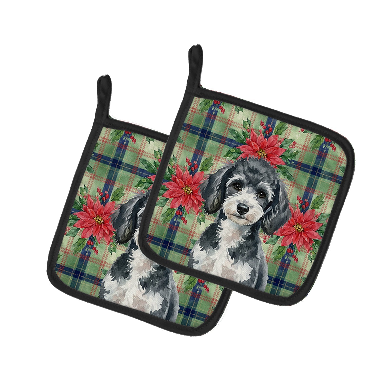 Miniature Parti Poodle Christmas PoinsettIas Pot Holder Set of 2 Heat Resistant Quilted Hot Pads 7.5 x 7.5 Inch, Insulated Kitchen Trivets for Cooking & Baking