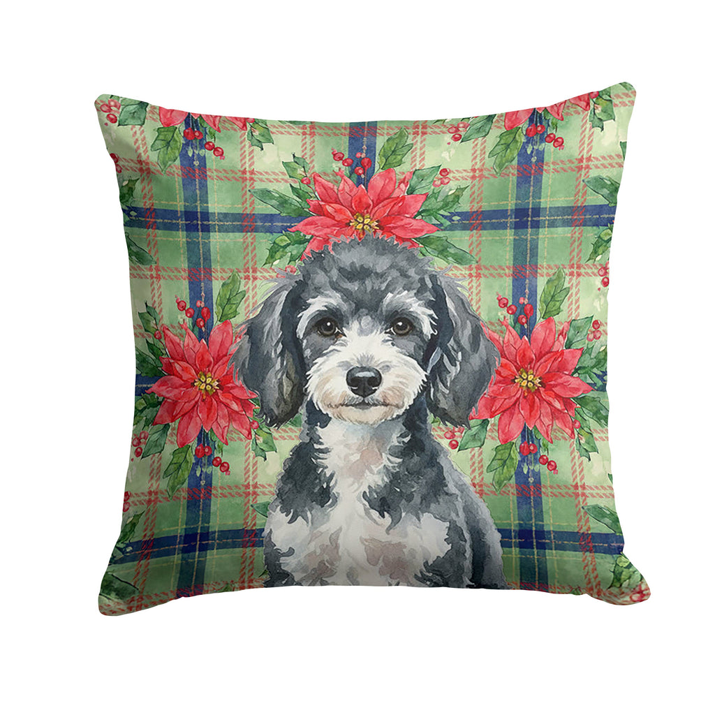 Miniature Parti Poodle Christmas PoinsettIas Decorative Throw Pillow 14x14 Indoor Outdoor Accent Cushion, Fabric Cover with Insert for Sofa, Bed, Porch & Living Room