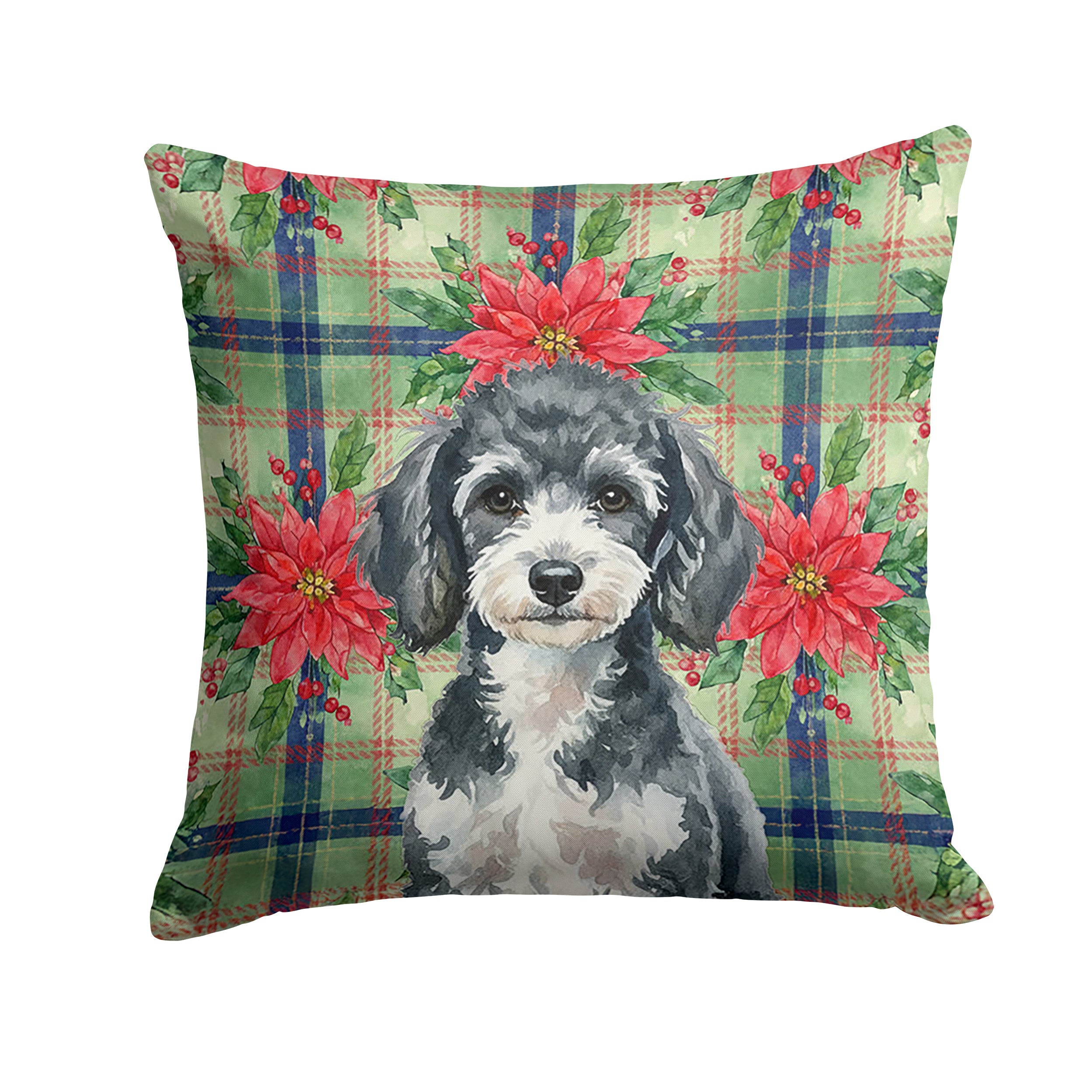 Miniature Parti Poodle Christmas PoinsettIas Decorative Throw Pillow 18x18 Indoor Outdoor Accent Cushion, Fabric Cover with Insert for Sofa, Bed, Porch & Living Room