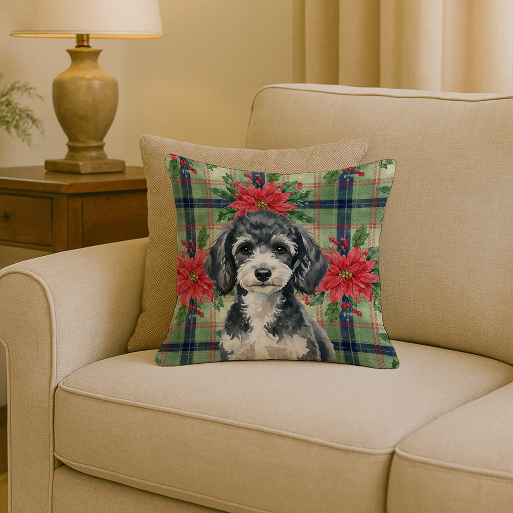 Miniature Parti Poodle Christmas PoinsettIas Decorative Throw Pillow 18x18 Indoor Outdoor Accent Cushion, Fabric Cover with Insert for Sofa, Bed, Porch & Living Room