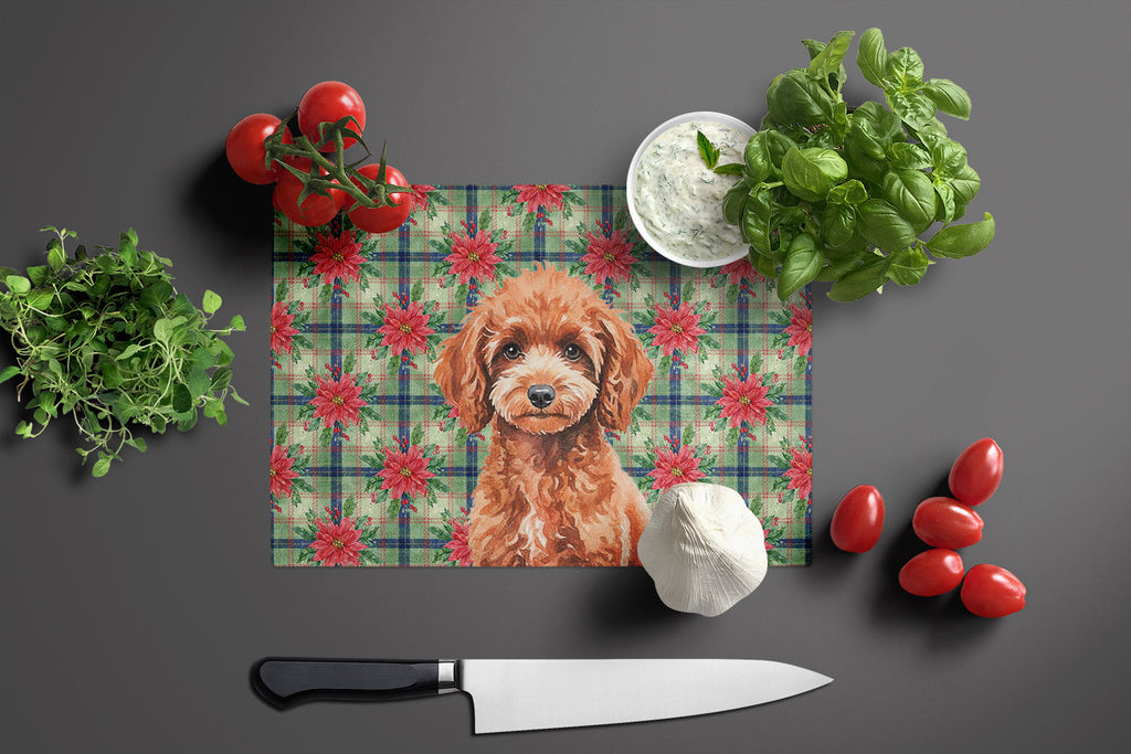 Miniature Red Poodle Christmas PoinsettIas Cutting Board Tempered Glass Kitchen Cutting Surface, Heat Resistant Chopping, Non-Slip Feet, Food Prep & Serving