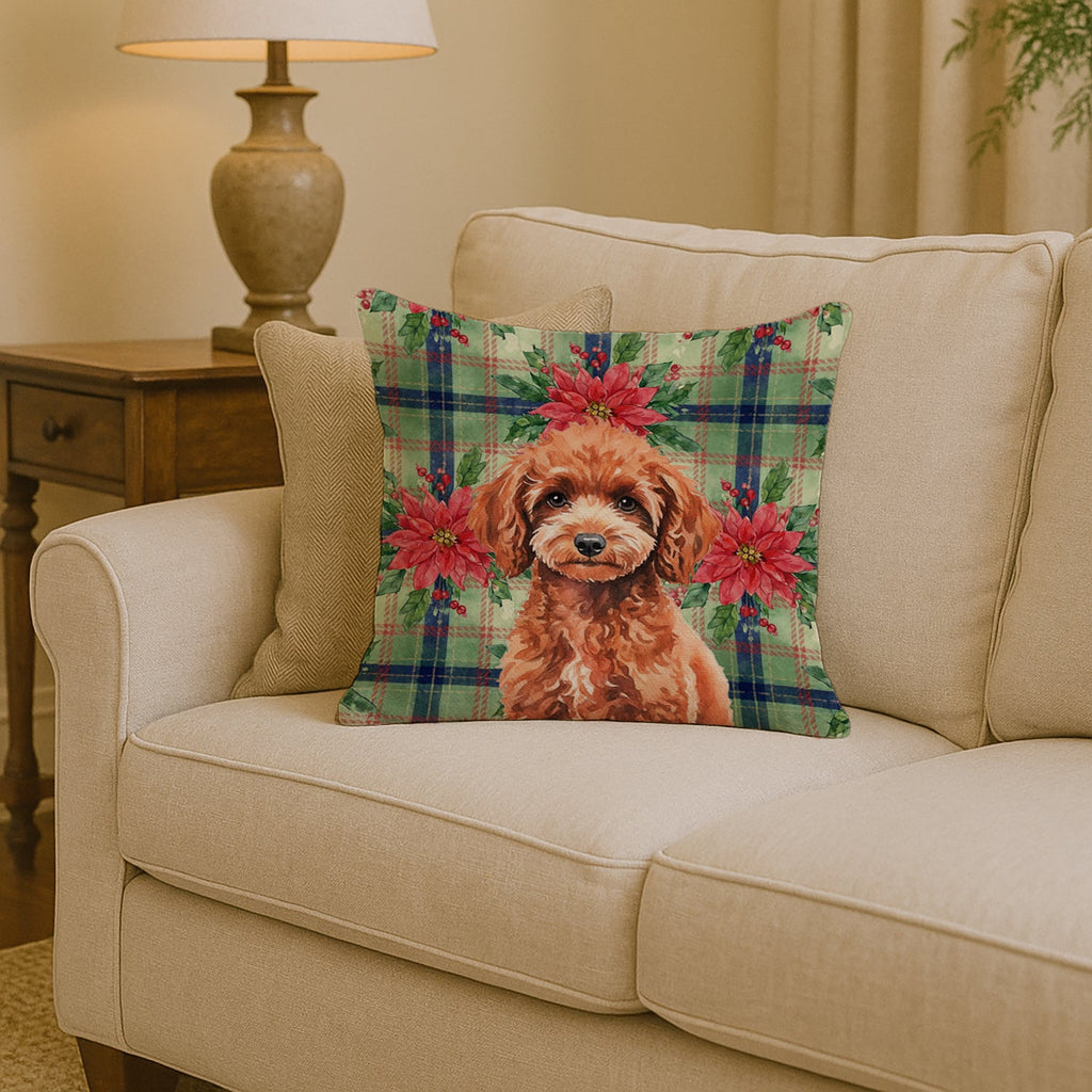 Miniature Red Poodle Christmas PoinsettIas Decorative Throw Pillow 14x14 Indoor Outdoor Accent Cushion, Fabric Cover with Insert for Sofa, Bed, Porch & Living Room