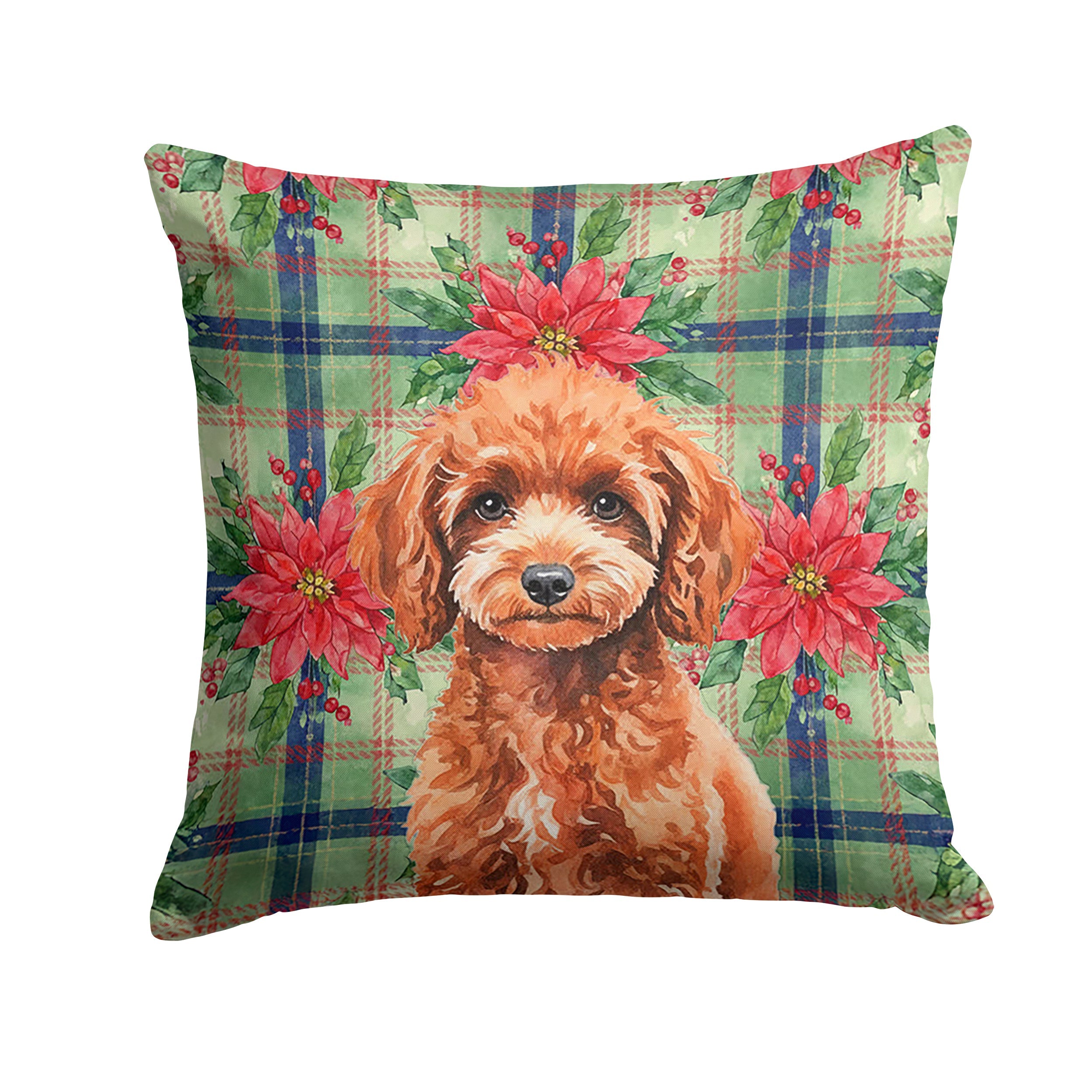 Miniature Red Poodle Christmas PoinsettIas Decorative Throw Pillow 18x18 Indoor Outdoor Accent Cushion, Fabric Cover with Insert for Sofa, Bed, Porch & Living Room
