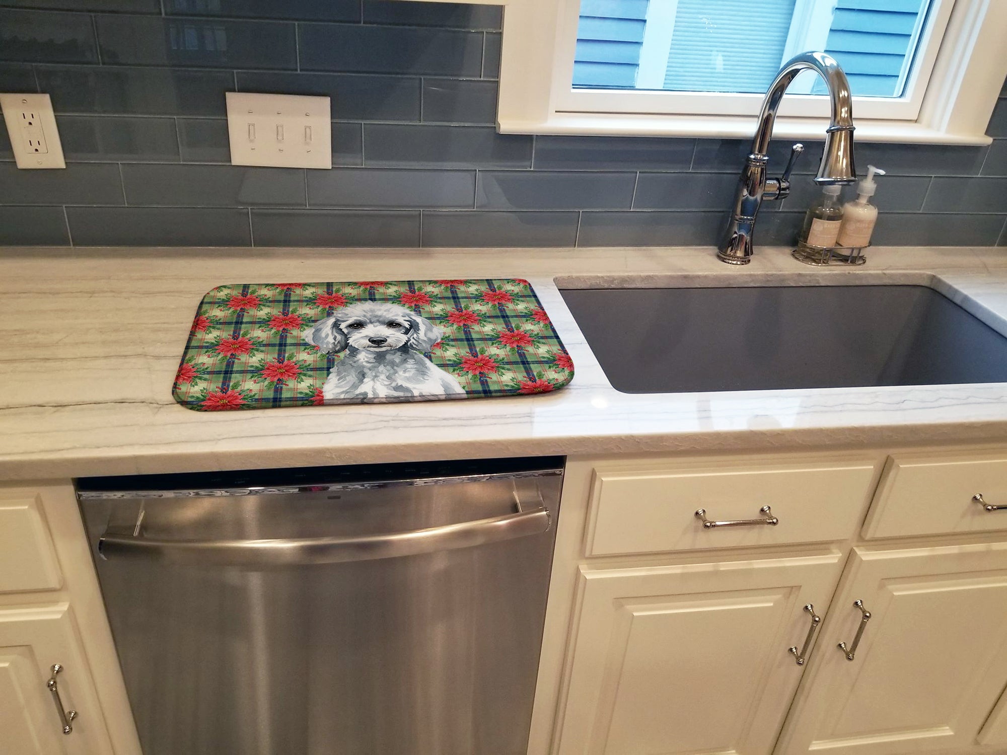 Miniature Silver Poodle Christmas PoinsettIas Dish Drying Mat Absorbent Dish Drying Mat Pad for Kitchen Counter Dish Drainer Mat for Countertop, 14 x 21", Multicolor