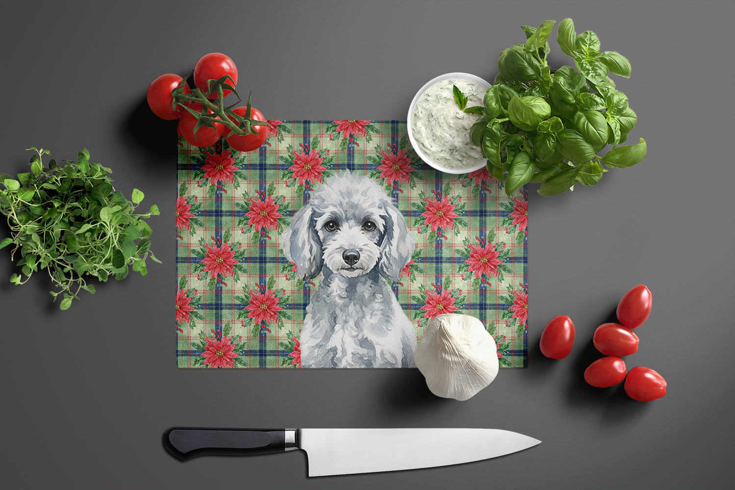 Miniature Silver Poodle Christmas PoinsettIas Cutting Board Tempered Glass Kitchen Cutting Surface, Heat Resistant Chopping, Non-Slip Feet, Food Prep & Serving