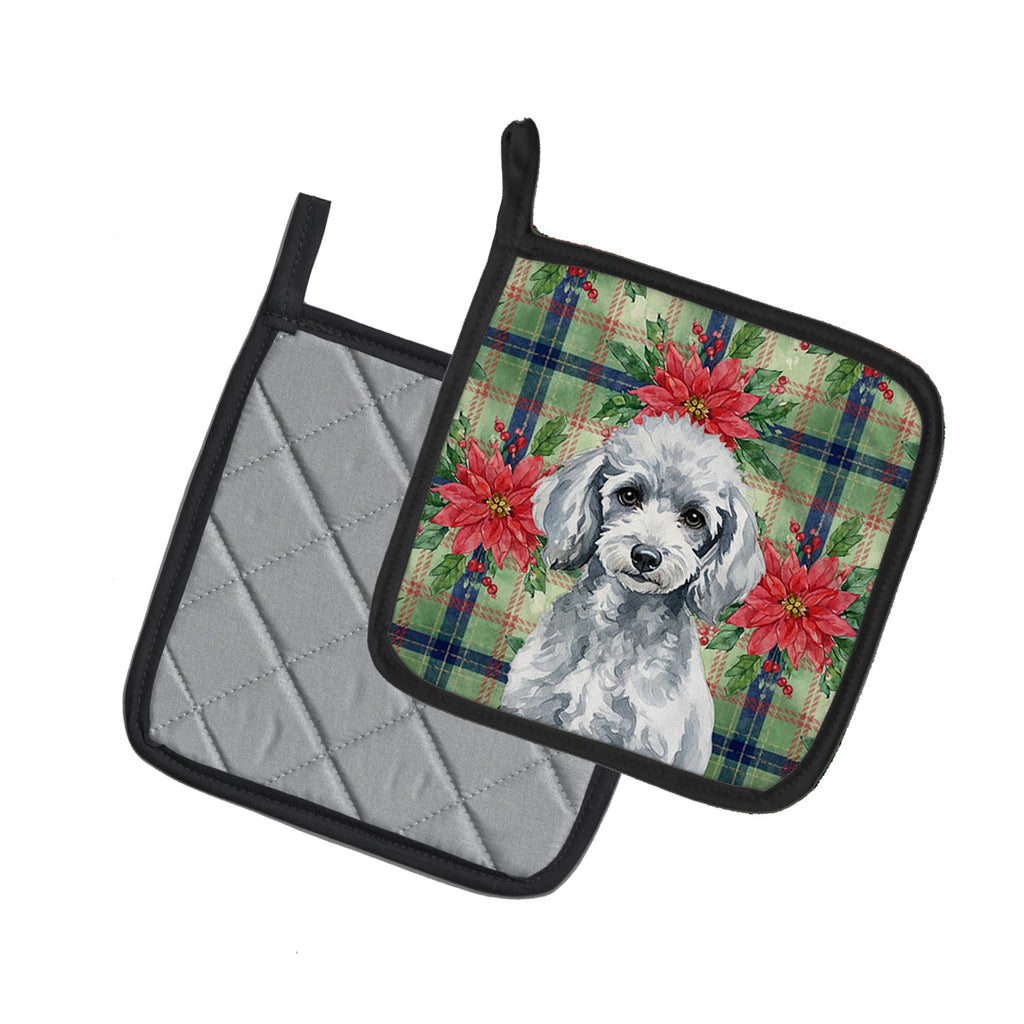 Miniature Silver Poodle Christmas PoinsettIas Pot Holder Set of 2 Heat Resistant Quilted Hot Pads 7.5 x 7.5 Inch, Insulated Kitchen Trivets for Cooking & Baking