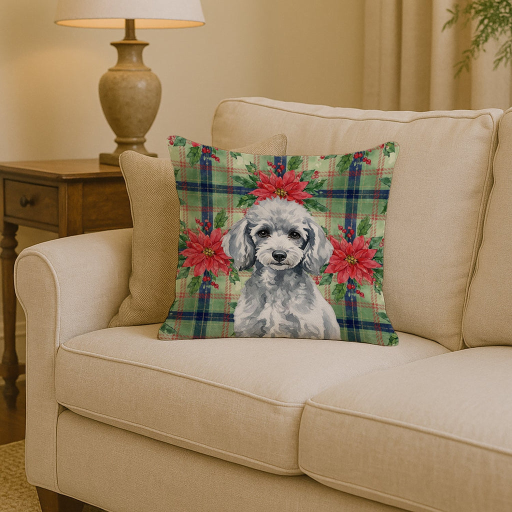 Miniature Silver Poodle Christmas PoinsettIas Decorative Throw Pillow 14x14 Indoor Outdoor Accent Cushion, Fabric Cover with Insert for Sofa, Bed, Porch & Living Room