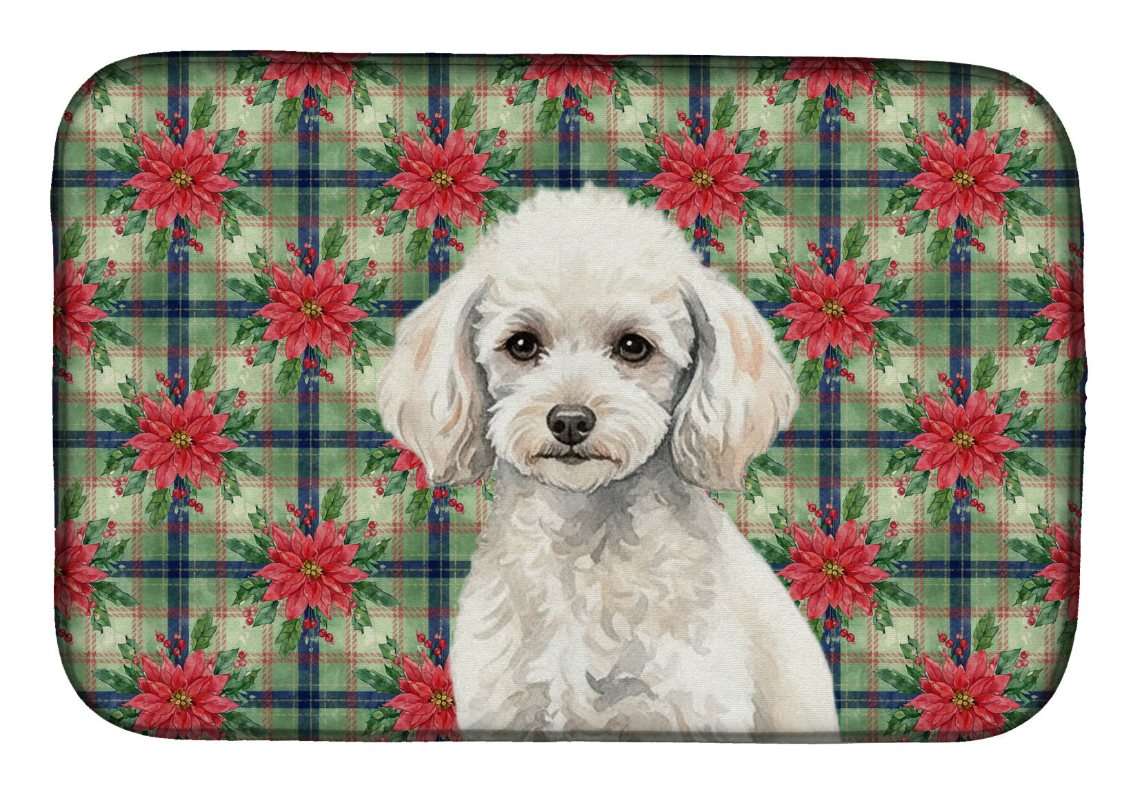 Miniature White Poodle Christmas PoinsettIas Dish Drying Mat Absorbent Dish Drying Mat Pad for Kitchen Counter Dish Drainer Mat for Countertop, 14 x 21", Multicolor