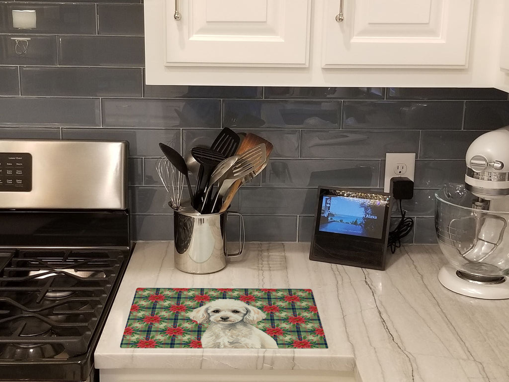 Miniature White Poodle Christmas PoinsettIas Cutting Board Tempered Glass Kitchen Cutting Surface, Heat Resistant Chopping, Non-Slip Feet, Food Prep & Serving