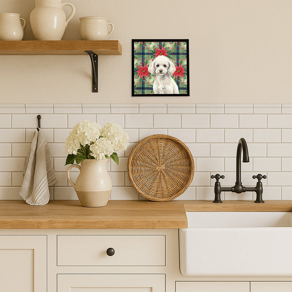Miniature White Poodle Christmas PoinsettIas Framed Metal Print Bathroom, Kitchen, Office, Home Decor Wall Art Ready to Hang, Square, 8X8