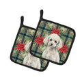 Miniature White Poodle Christmas PoinsettIas Pot Holder Set of 2 Heat Resistant Quilted Hot Pads 7.5 x 7.5 Inch, Insulated Kitchen Trivets for Cooking & Baking