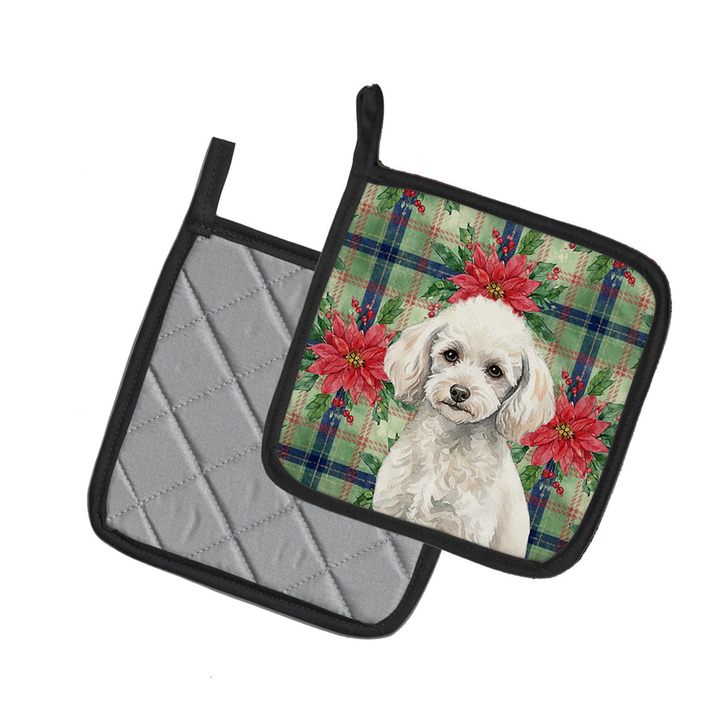 Miniature White Poodle Christmas PoinsettIas Pot Holder Set of 2 Heat Resistant Quilted Hot Pads 7.5 x 7.5 Inch, Insulated Kitchen Trivets for Cooking & Baking