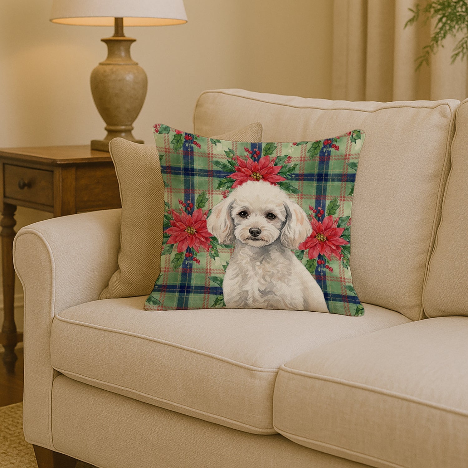 Miniature White Poodle Christmas PoinsettIas Decorative Throw Pillow 14x14 Indoor Outdoor Accent Cushion, Fabric Cover with Insert for Sofa, Bed, Porch & Living Room