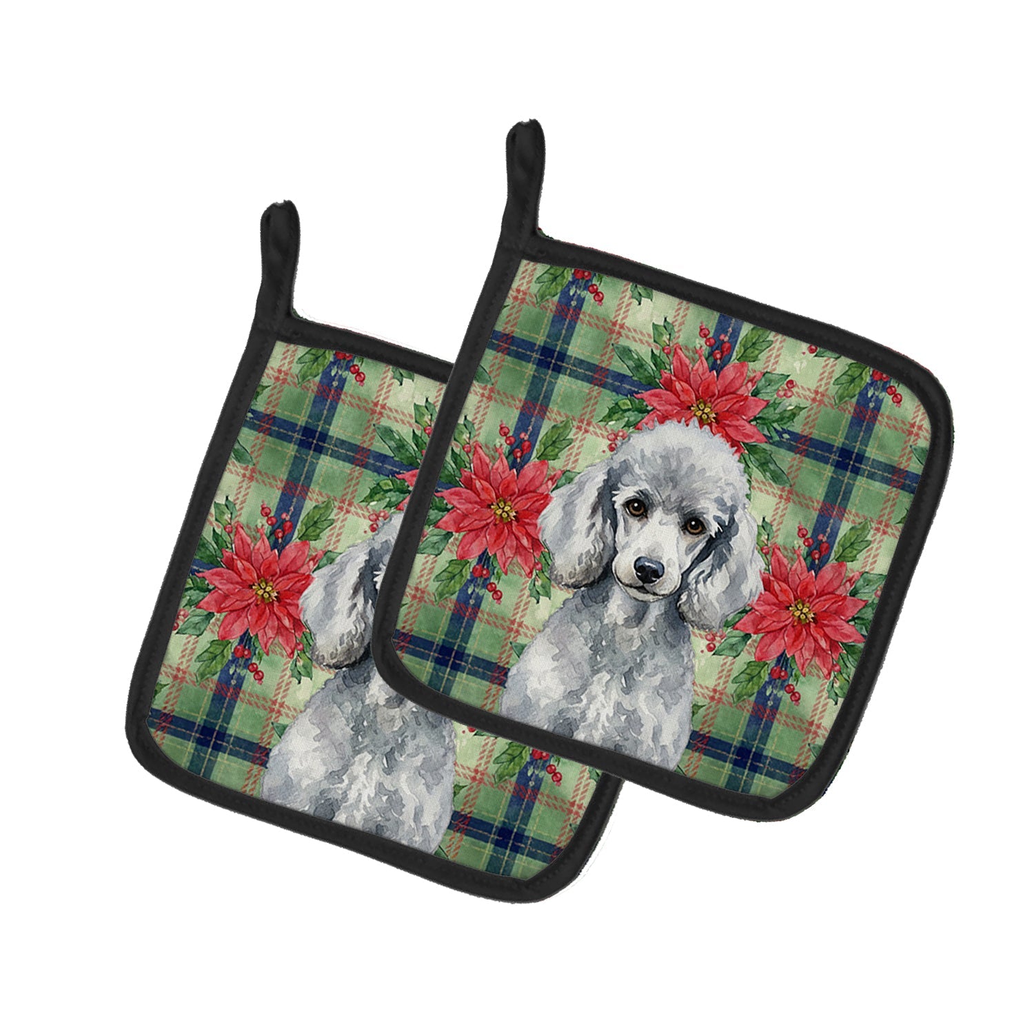 Standard Silver Poodle Christmas PoinsettIas Pot Holder Set of 2 Heat Resistant Quilted Hot Pads 7.5 x 7.5 Inch, Insulated Kitchen Trivets for Cooking & Baking