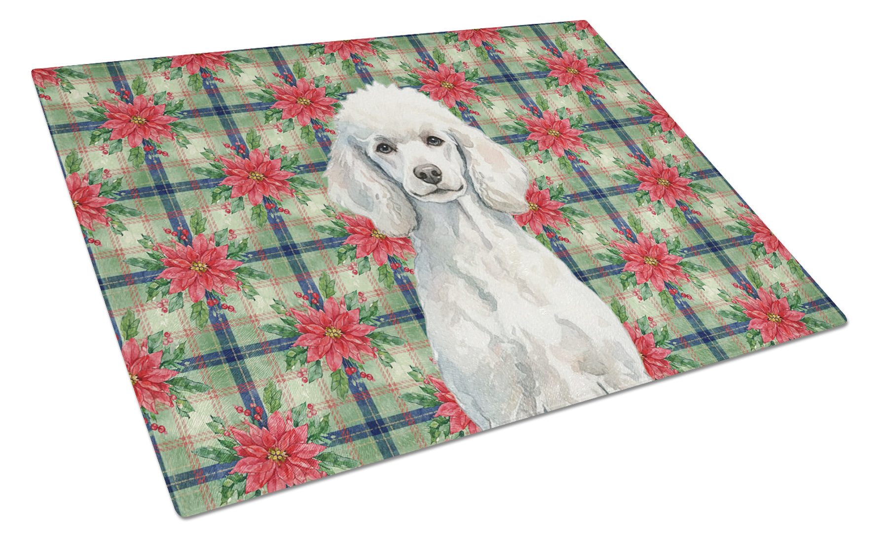 Standard White Poodle Christmas PoinsettIas Cutting Board Tempered Glass Kitchen Cutting Surface, Heat Resistant Chopping, Non-Slip Feet, Food Prep & Serving