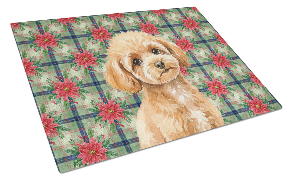 Toy Apricot Poodle Christmas PoinsettIas Cutting Board Tempered Glass Kitchen Cutting Surface, Heat Resistant Chopping, Non-Slip Feet, Food Prep & Serving