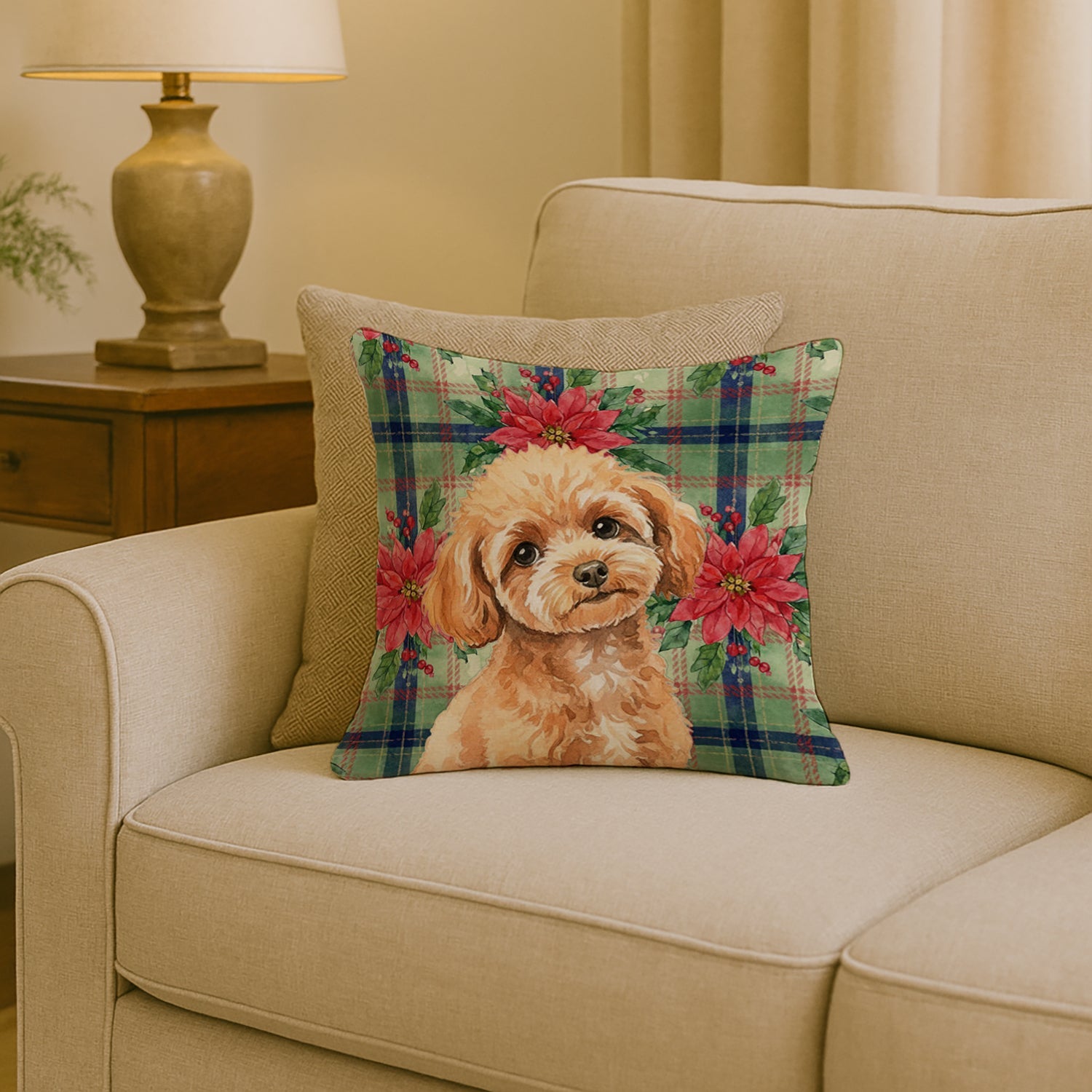 Toy Apricot Poodle Christmas PoinsettIas Decorative Throw Pillow 18x18 Indoor Outdoor Accent Cushion, Fabric Cover with Insert for Sofa, Bed, Porch & Living Room