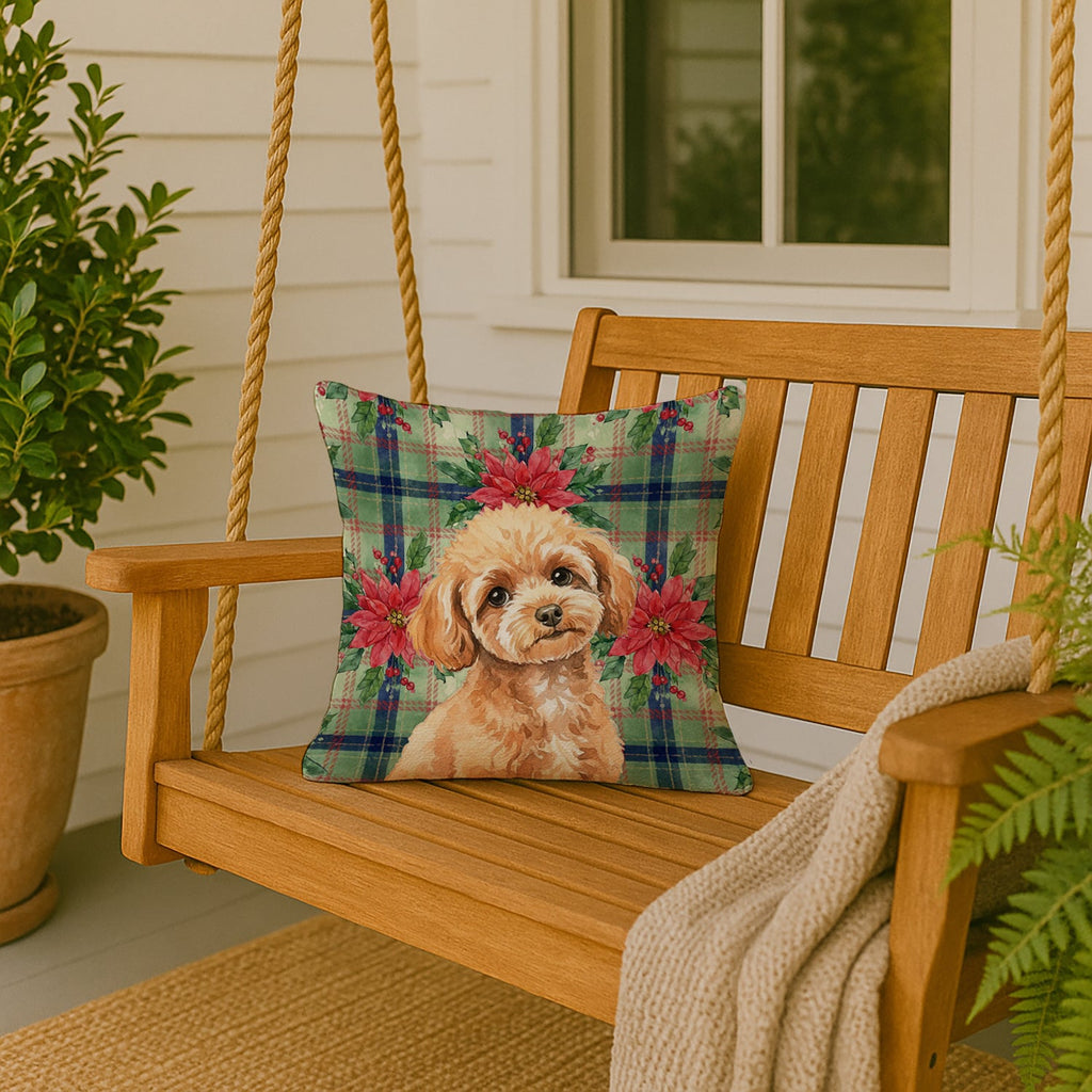 Toy Apricot Poodle Christmas PoinsettIas Decorative Throw Pillow 18x18 Indoor Outdoor Accent Cushion, Fabric Cover with Insert for Sofa, Bed, Porch & Living Room