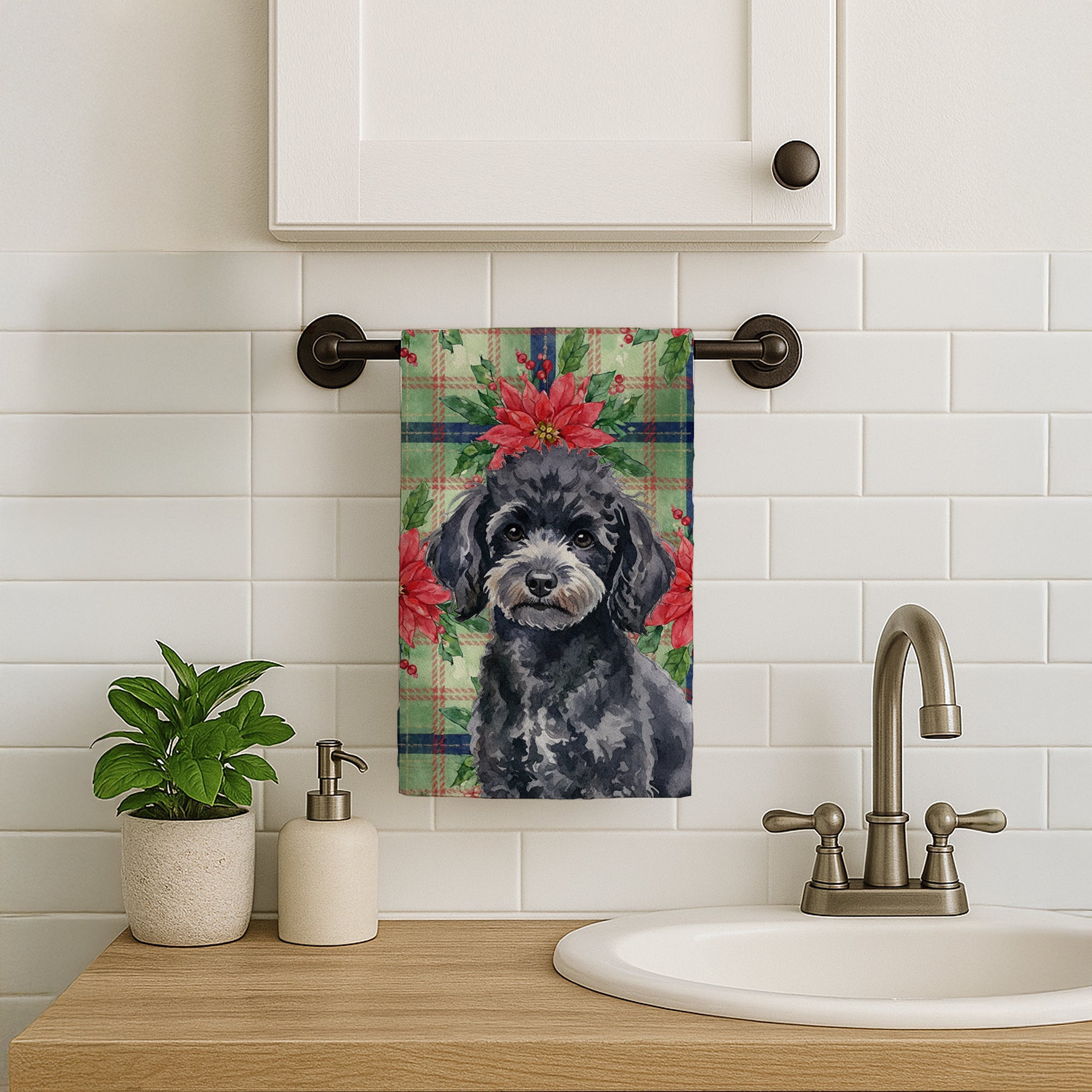 Toy Black Poodle Christmas PoinsettIas Kitchen Towel Velour Plush Front and Cotton Loop Back Machine Washable