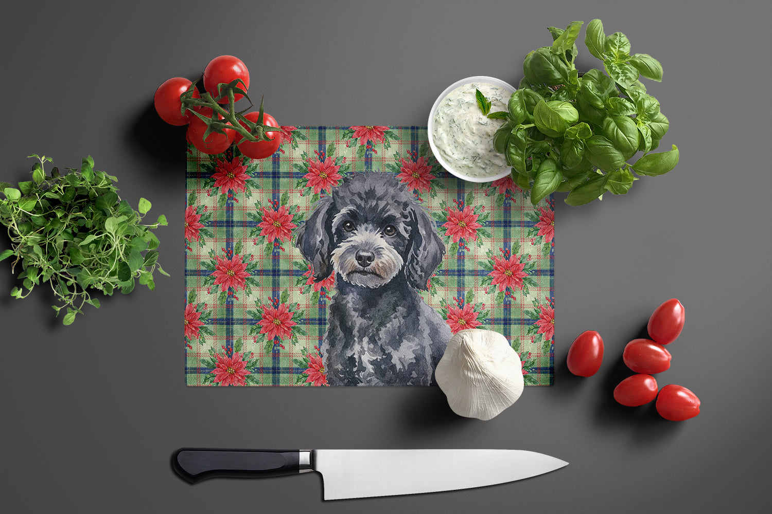 Toy Black Poodle Christmas PoinsettIas Cutting Board Tempered Glass Kitchen Cutting Surface, Heat Resistant Chopping, Non-Slip Feet, Food Prep & Serving
