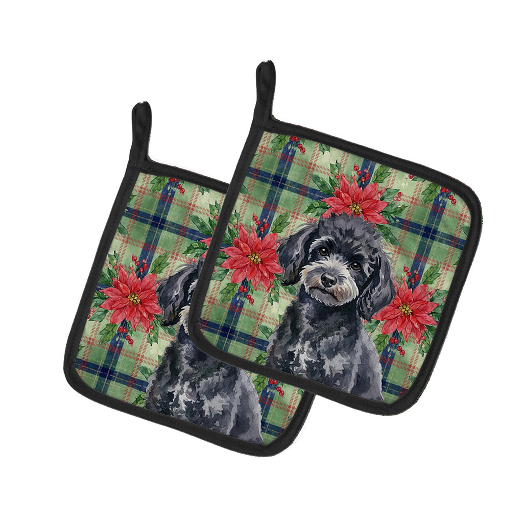 Toy Black Poodle Christmas PoinsettIas Pot Holder Set of 2 Heat Resistant Quilted Hot Pads 7.5 x 7.5 Inch, Insulated Kitchen Trivets for Cooking & Baking