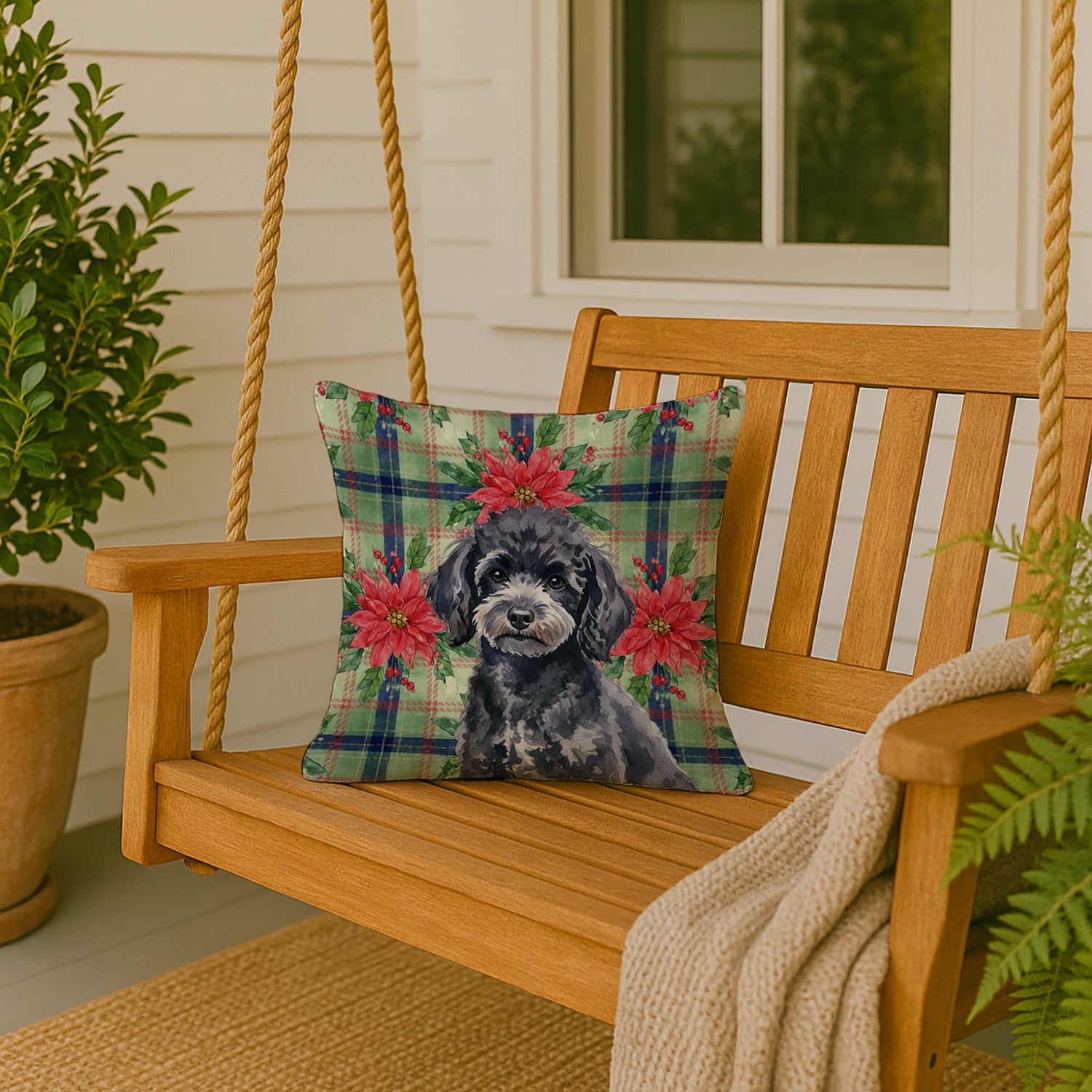 Toy Black Poodle Christmas PoinsettIas Decorative Throw Pillow 18x18 Indoor Outdoor Accent Cushion, Fabric Cover with Insert for Sofa, Bed, Porch & Living Room