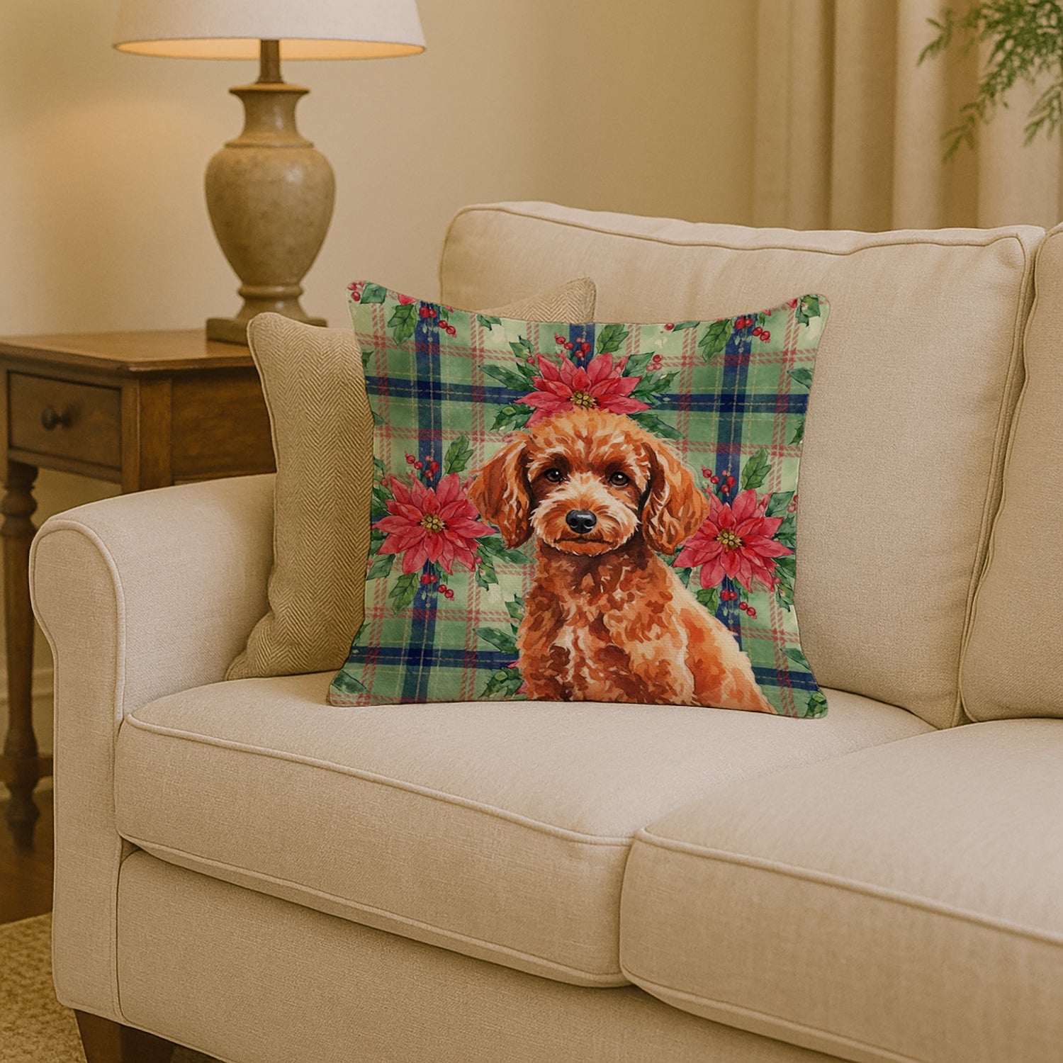 Toy Red Poodle Christmas PoinsettIas Decorative Throw Pillow 14x14 Indoor Outdoor Accent Cushion, Fabric Cover with Insert for Sofa, Bed, Porch & Living Room