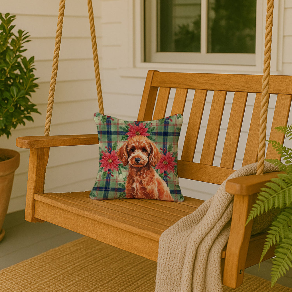 Toy Red Poodle Christmas PoinsettIas Decorative Throw Pillow 14x14 Indoor Outdoor Accent Cushion, Fabric Cover with Insert for Sofa, Bed, Porch & Living Room