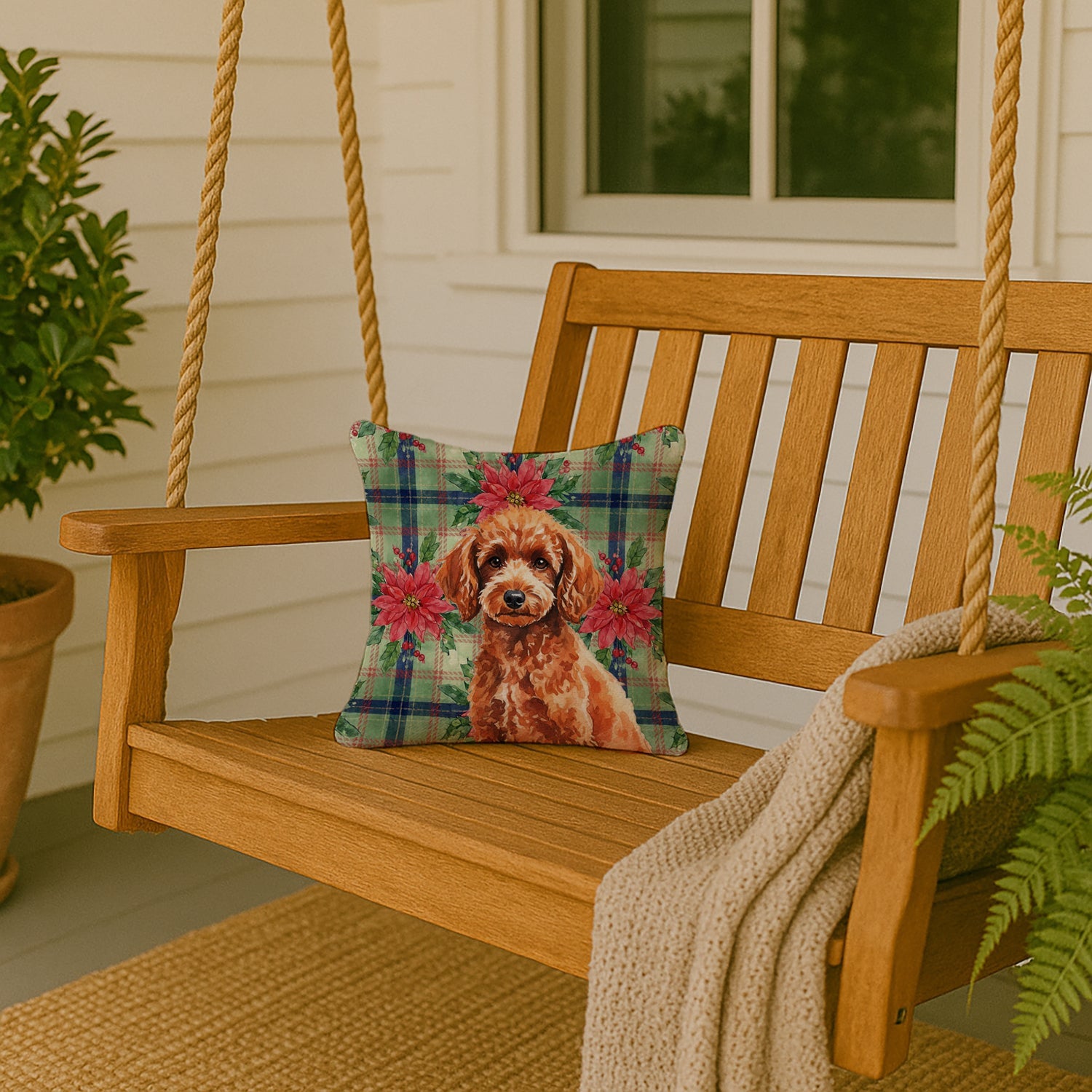 Toy Red Poodle Christmas PoinsettIas Decorative Throw Pillow 14x14 Indoor Outdoor Accent Cushion, Fabric Cover with Insert for Sofa, Bed, Porch & Living Room