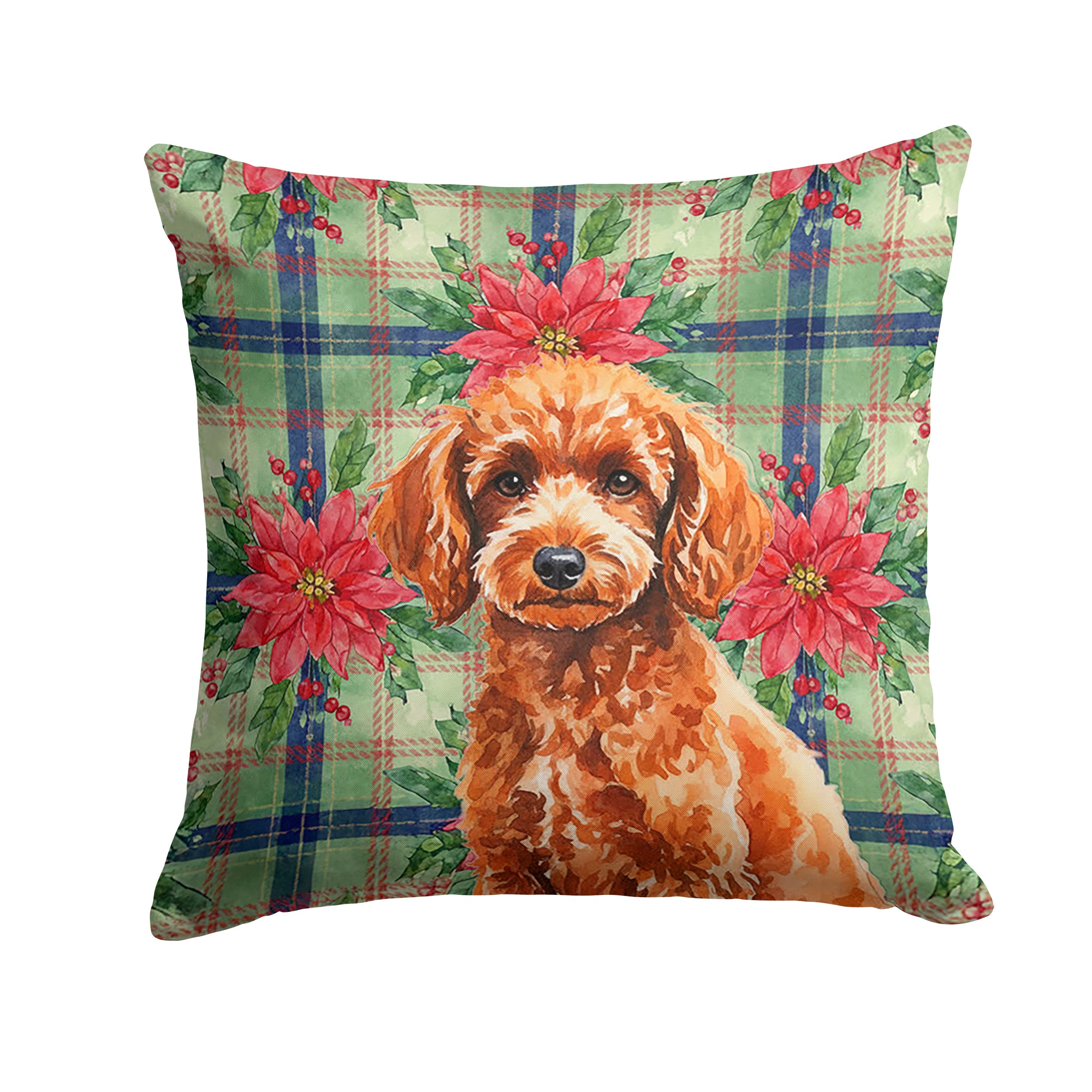 Toy Red Poodle Christmas PoinsettIas Decorative Throw Pillow 18x18 Indoor Outdoor Accent Cushion, Fabric Cover with Insert for Sofa, Bed, Porch & Living Room