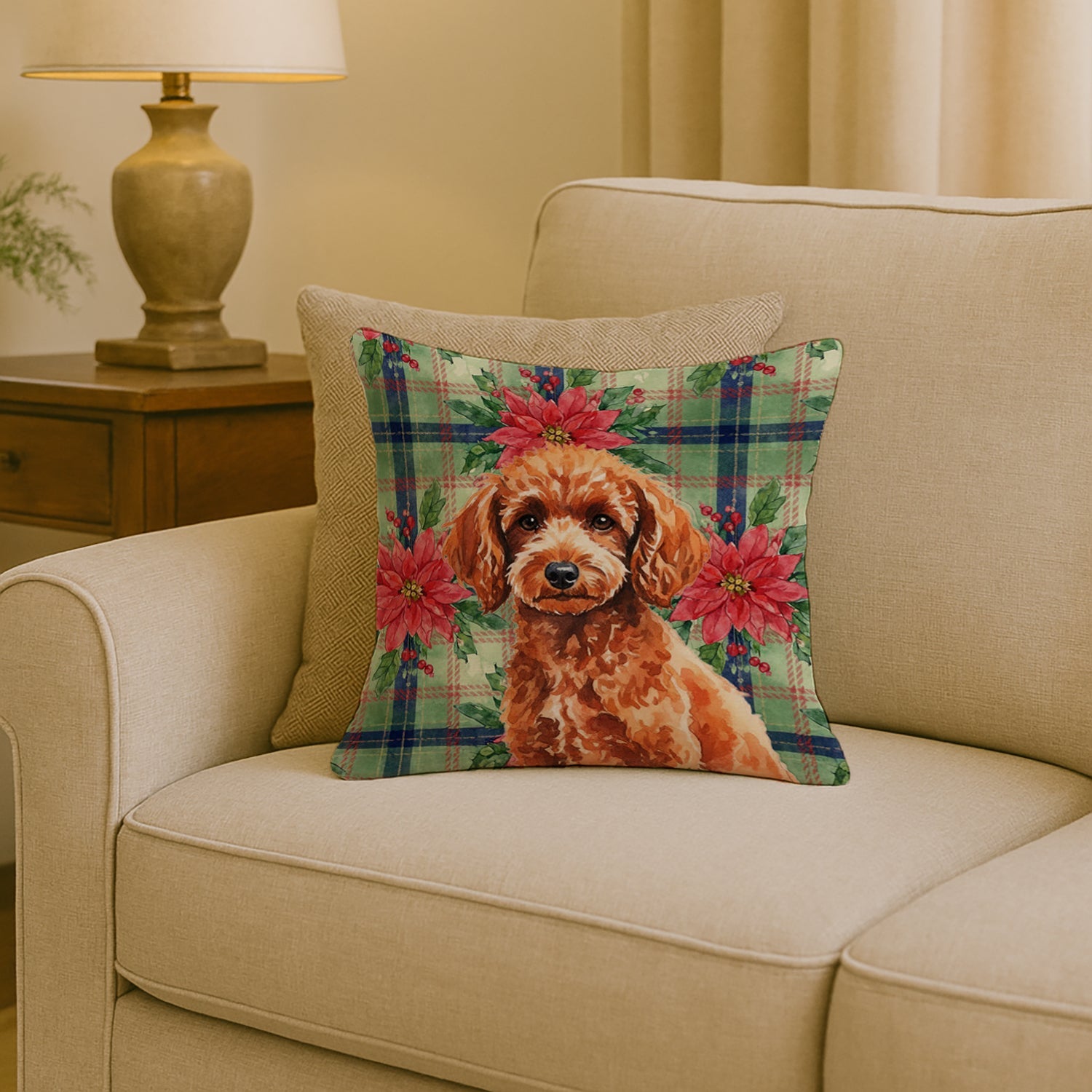 Toy Red Poodle Christmas PoinsettIas Decorative Throw Pillow 18x18 Indoor Outdoor Accent Cushion, Fabric Cover with Insert for Sofa, Bed, Porch & Living Room