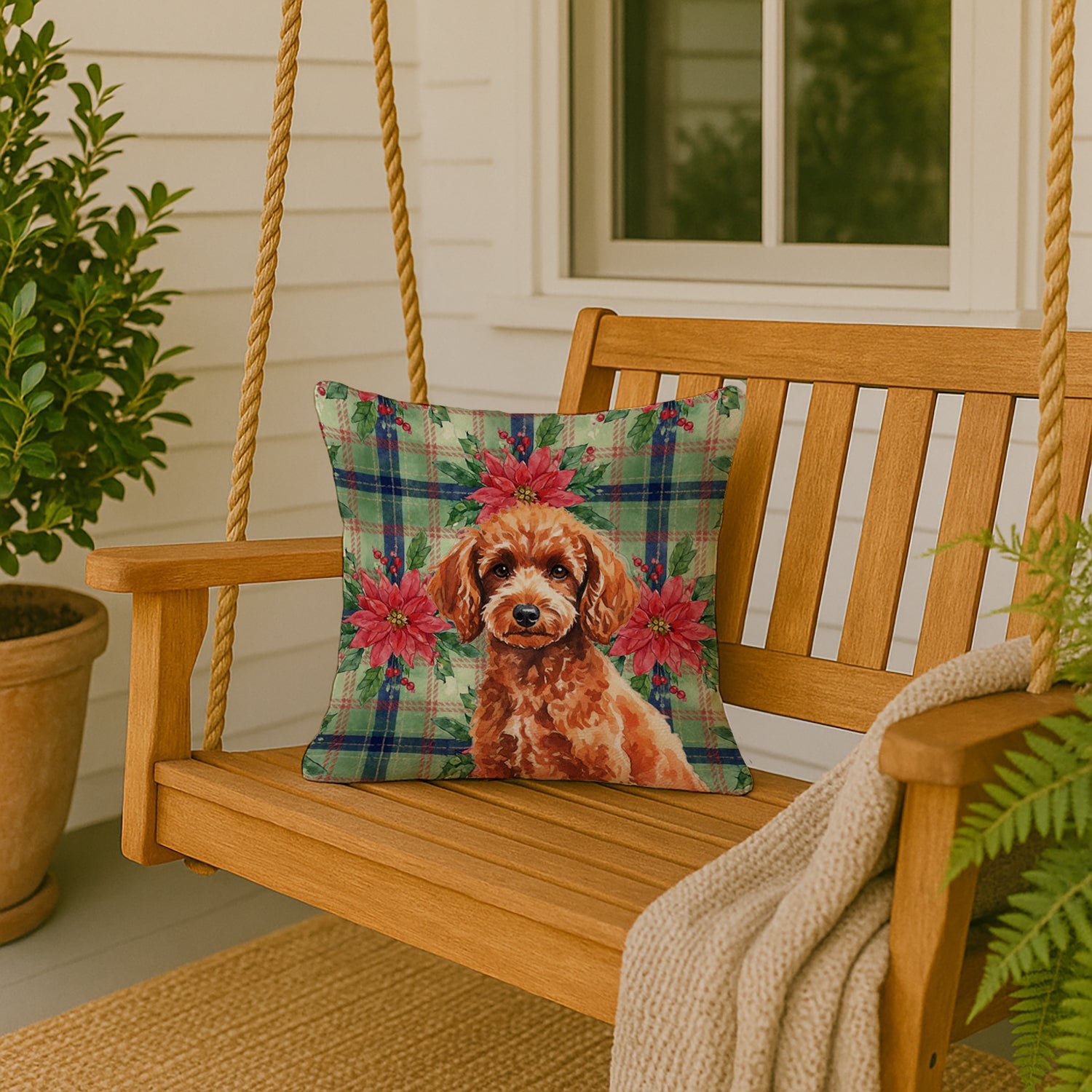 Toy Red Poodle Christmas PoinsettIas Decorative Throw Pillow 18x18 Indoor Outdoor Accent Cushion, Fabric Cover with Insert for Sofa, Bed, Porch & Living Room