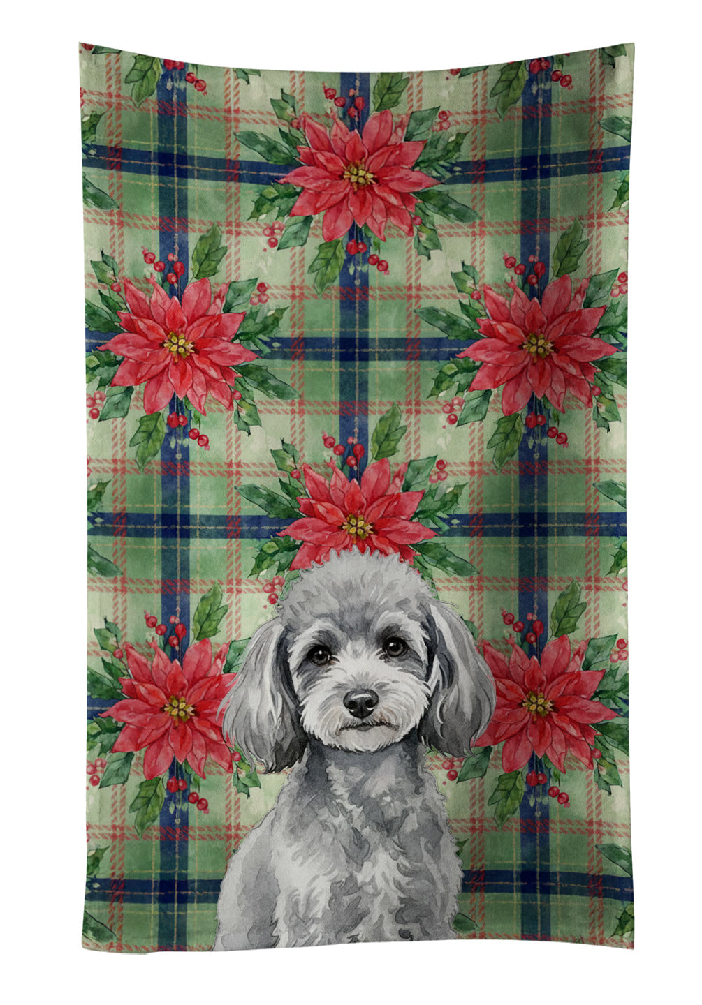 Toy Silver Poodle Christmas PoinsettIas Kitchen Towel Velour Plush Front and Cotton Loop Back Machine Washable