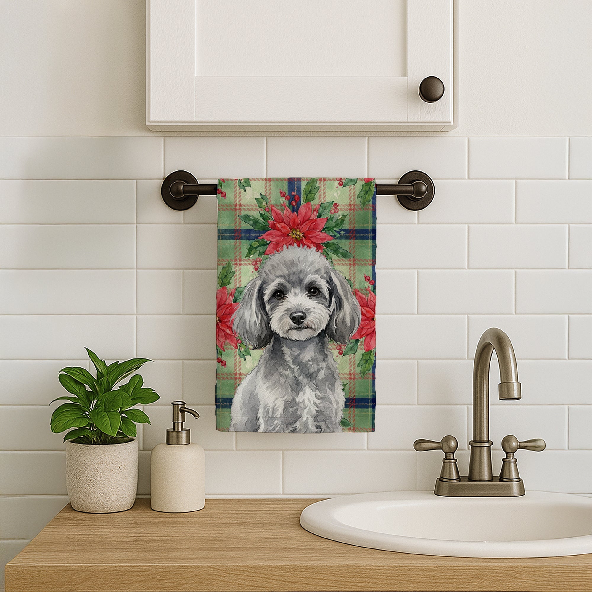 Toy Silver Poodle Christmas PoinsettIas Kitchen Towel Velour Plush Front and Cotton Loop Back Machine Washable