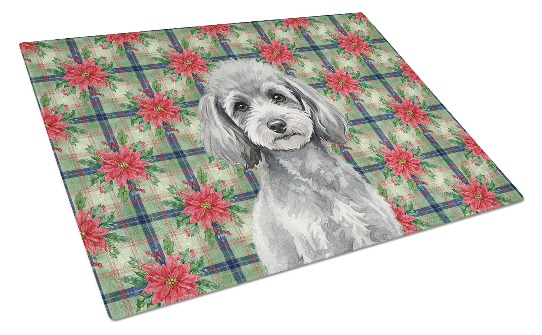 Toy Silver Poodle Christmas PoinsettIas Cutting Board Tempered Glass Kitchen Cutting Surface, Heat Resistant Chopping, Non-Slip Feet, Food Prep & Serving