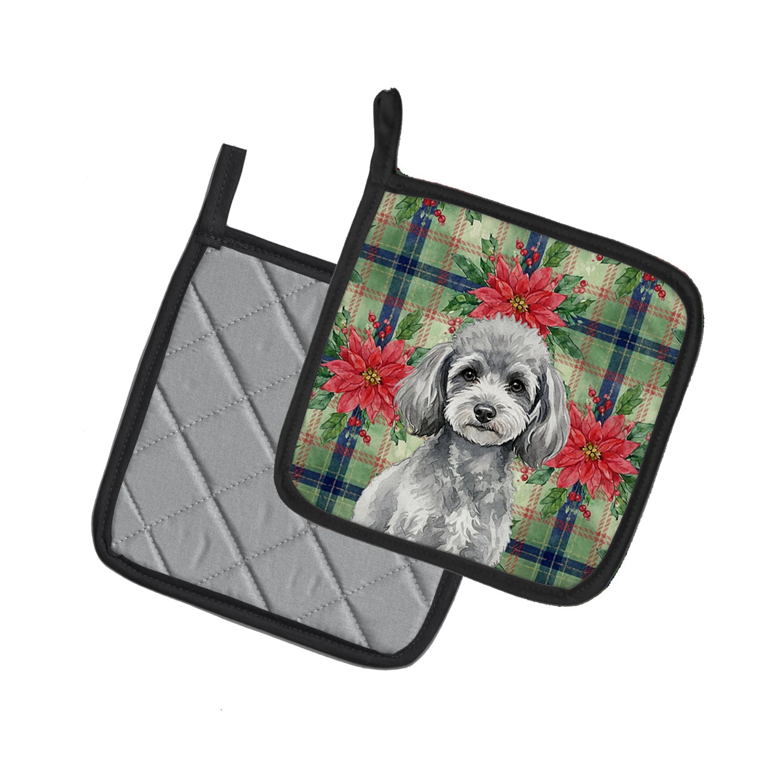 Toy Silver Poodle Christmas PoinsettIas Pot Holder Set of 2 Heat Resistant Quilted Hot Pads 7.5 x 7.5 Inch, Insulated Kitchen Trivets for Cooking & Baking