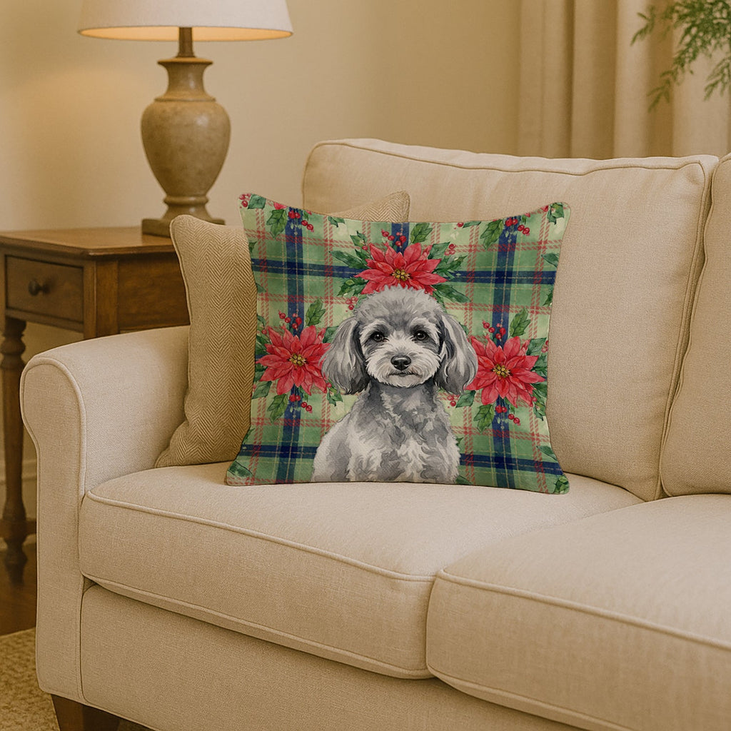 Toy Silver Poodle Christmas PoinsettIas Decorative Throw Pillow 14x14 Indoor Outdoor Accent Cushion, Fabric Cover with Insert for Sofa, Bed, Porch & Living Room