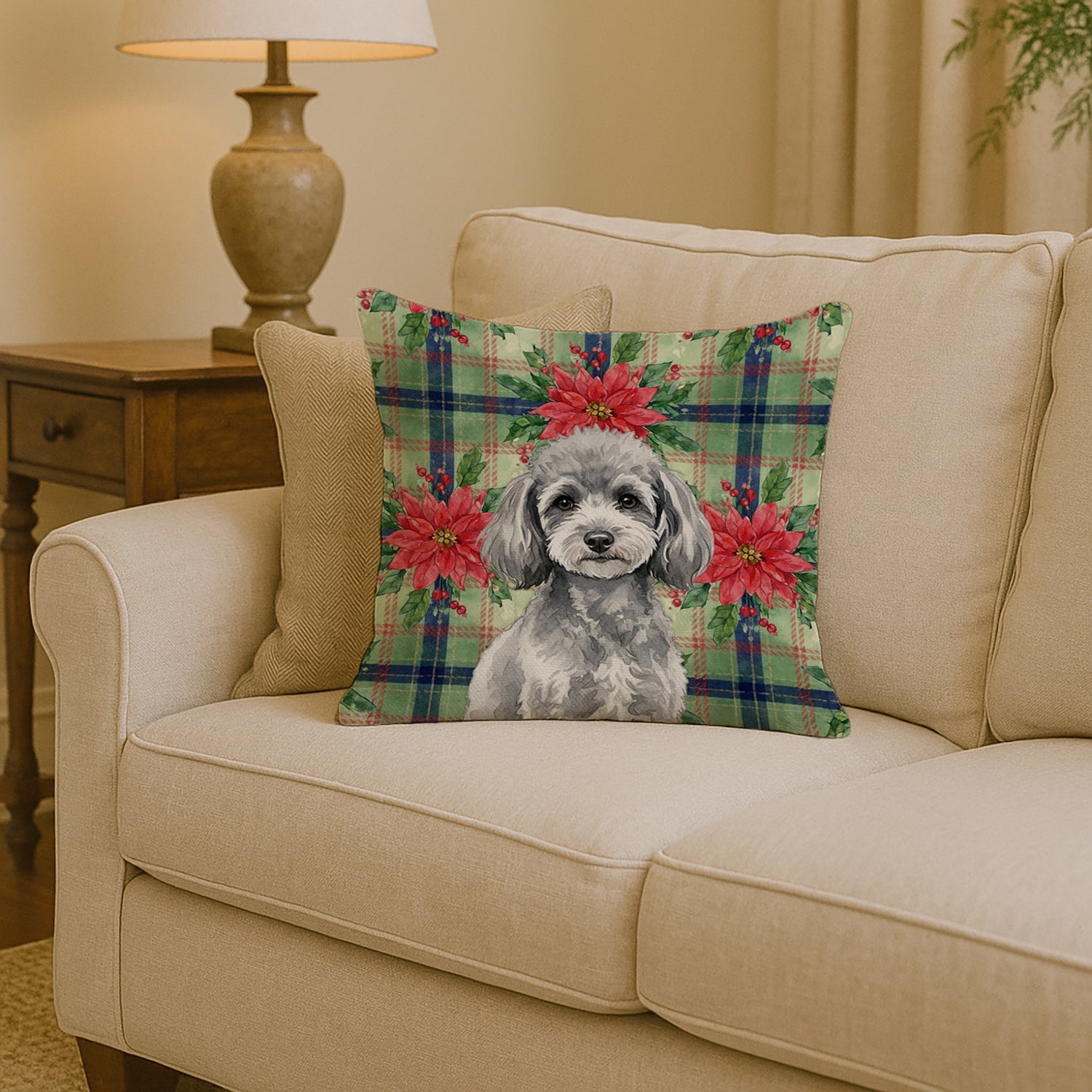 Toy Silver Poodle Christmas PoinsettIas Decorative Throw Pillow 14x14 Indoor Outdoor Accent Cushion, Fabric Cover with Insert for Sofa, Bed, Porch & Living Room