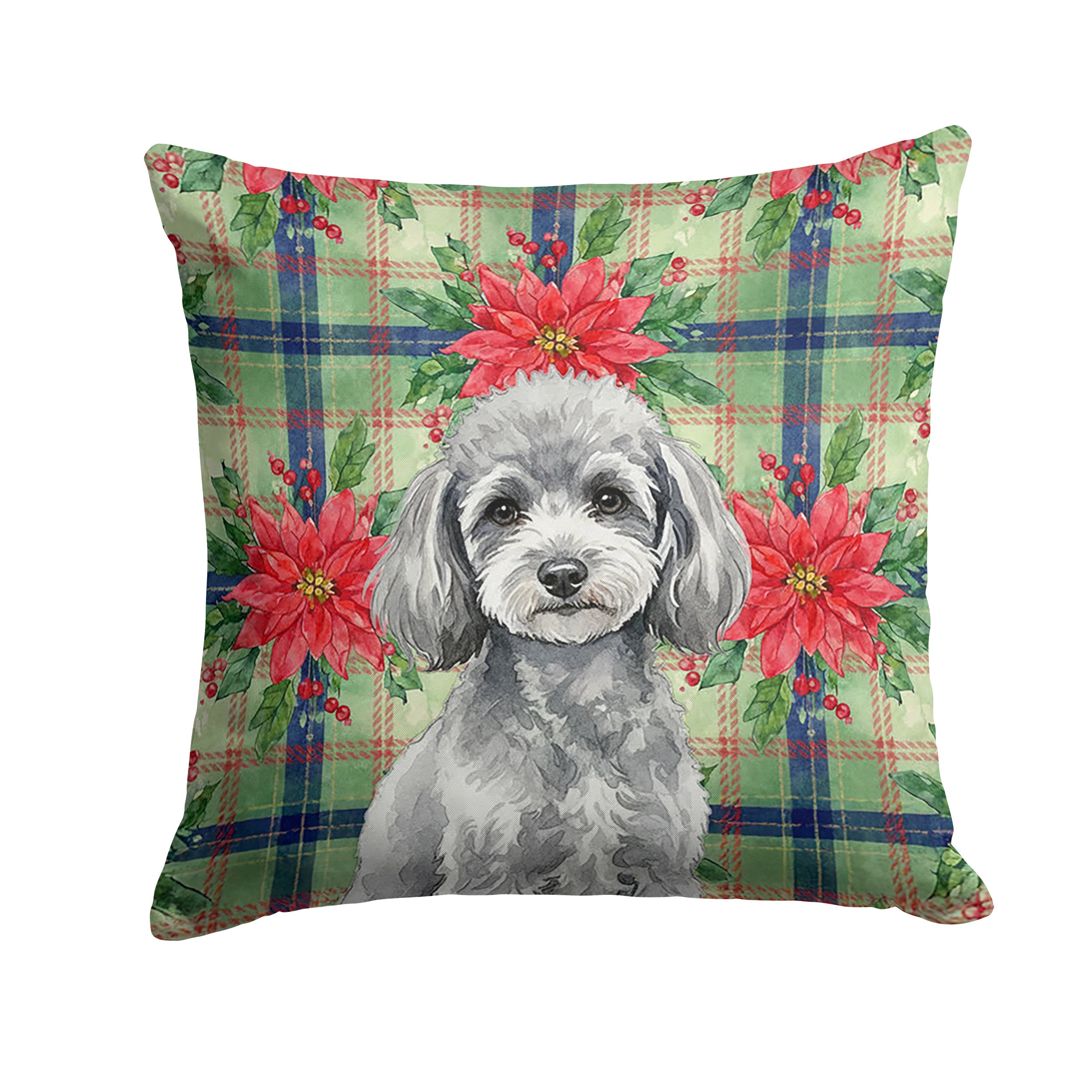 Toy Silver Poodle Christmas PoinsettIas Decorative Throw Pillow 18x18 Indoor Outdoor Accent Cushion, Fabric Cover with Insert for Sofa, Bed, Porch & Living Room