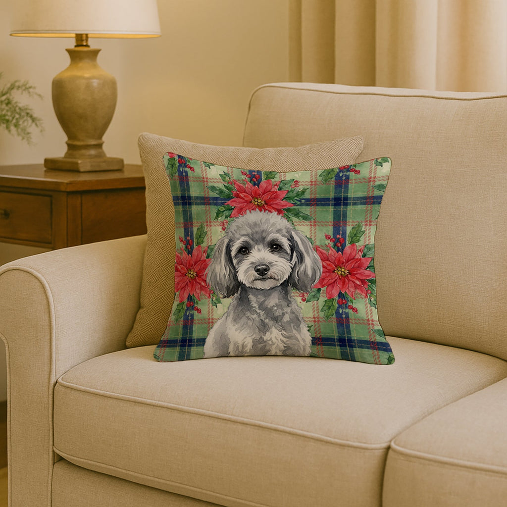 Toy Silver Poodle Christmas PoinsettIas Decorative Throw Pillow 18x18 Indoor Outdoor Accent Cushion, Fabric Cover with Insert for Sofa, Bed, Porch & Living Room