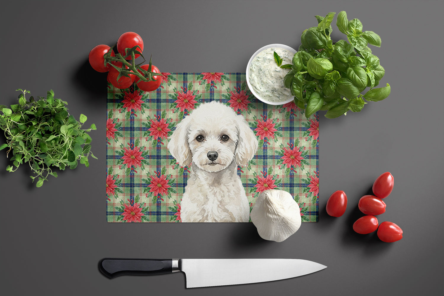 Toy White Poodle Christmas PoinsettIas Cutting Board Tempered Glass Kitchen Cutting Surface, Heat Resistant Chopping, Non-Slip Feet, Food Prep & Serving