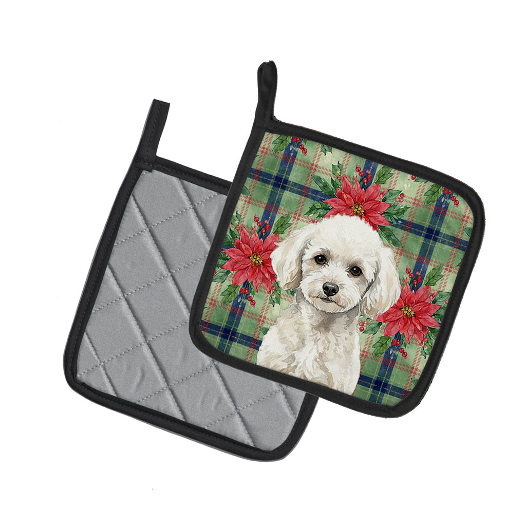 Toy White Poodle Christmas PoinsettIas Pot Holder Set of 2 Heat Resistant Quilted Hot Pads 7.5 x 7.5 Inch, Insulated Kitchen Trivets for Cooking & Baking