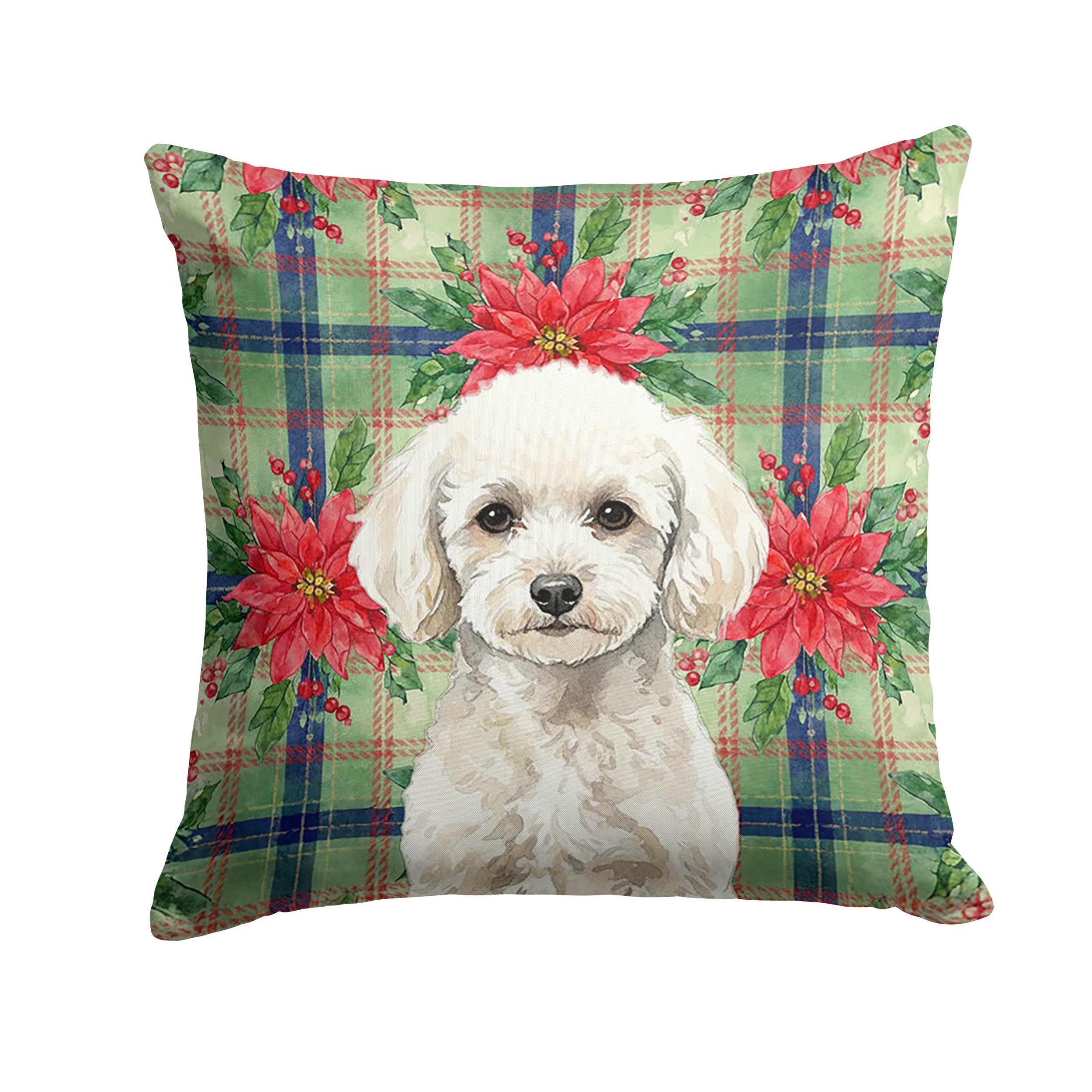 Toy White Poodle Christmas PoinsettIas Decorative Throw Pillow 14x14 Indoor Outdoor Accent Cushion, Fabric Cover with Insert for Sofa, Bed, Porch & Living Room
