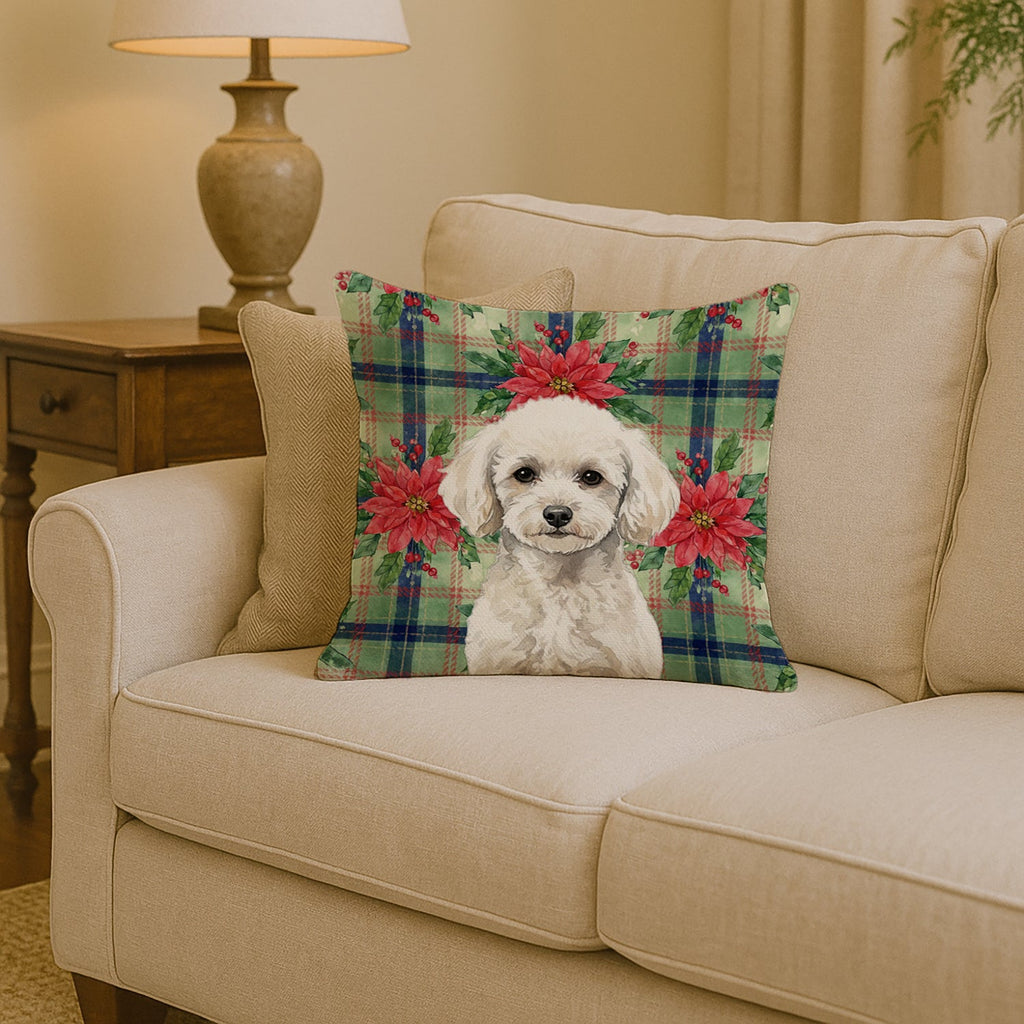 Toy White Poodle Christmas PoinsettIas Decorative Throw Pillow 14x14 Indoor Outdoor Accent Cushion, Fabric Cover with Insert for Sofa, Bed, Porch & Living Room