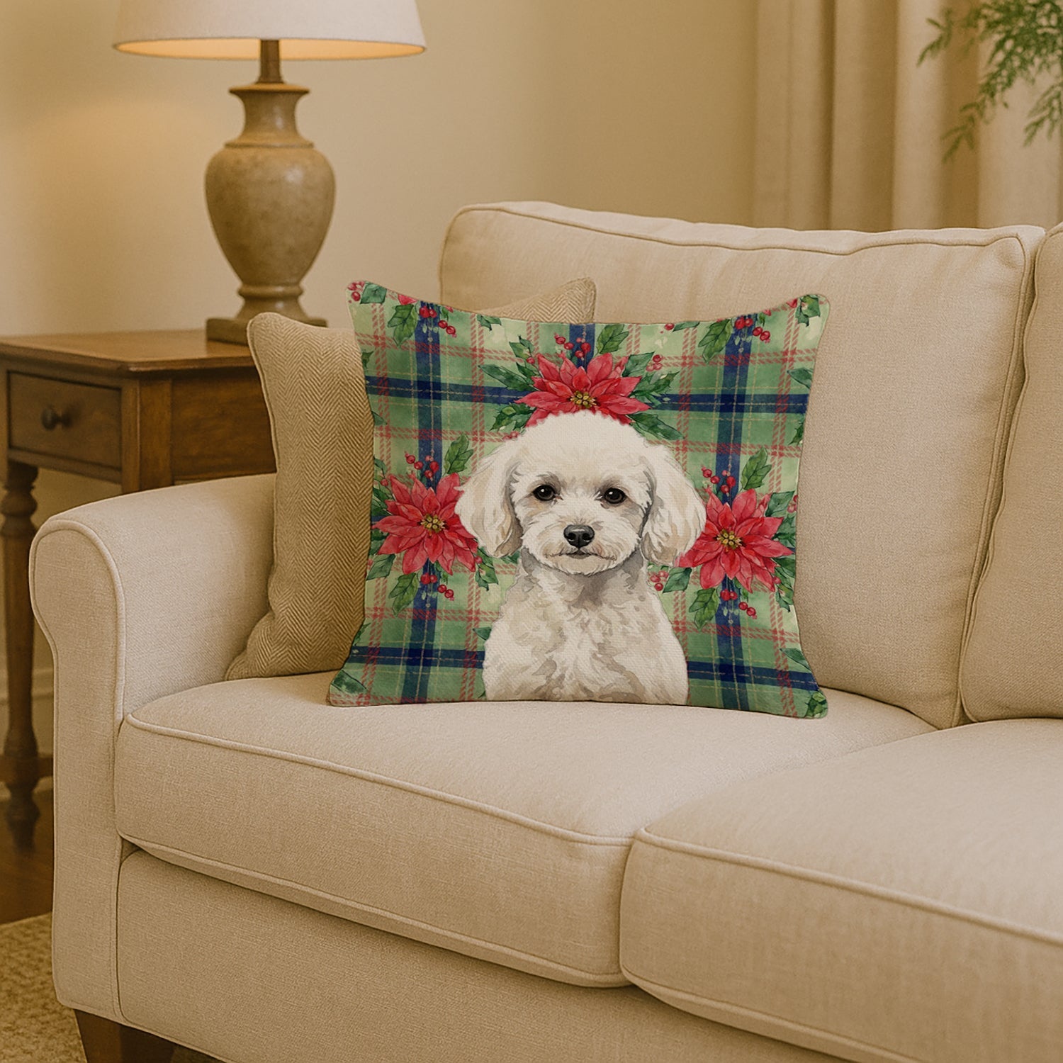 Toy White Poodle Christmas PoinsettIas Decorative Throw Pillow 14x14 Indoor Outdoor Accent Cushion, Fabric Cover with Insert for Sofa, Bed, Porch & Living Room