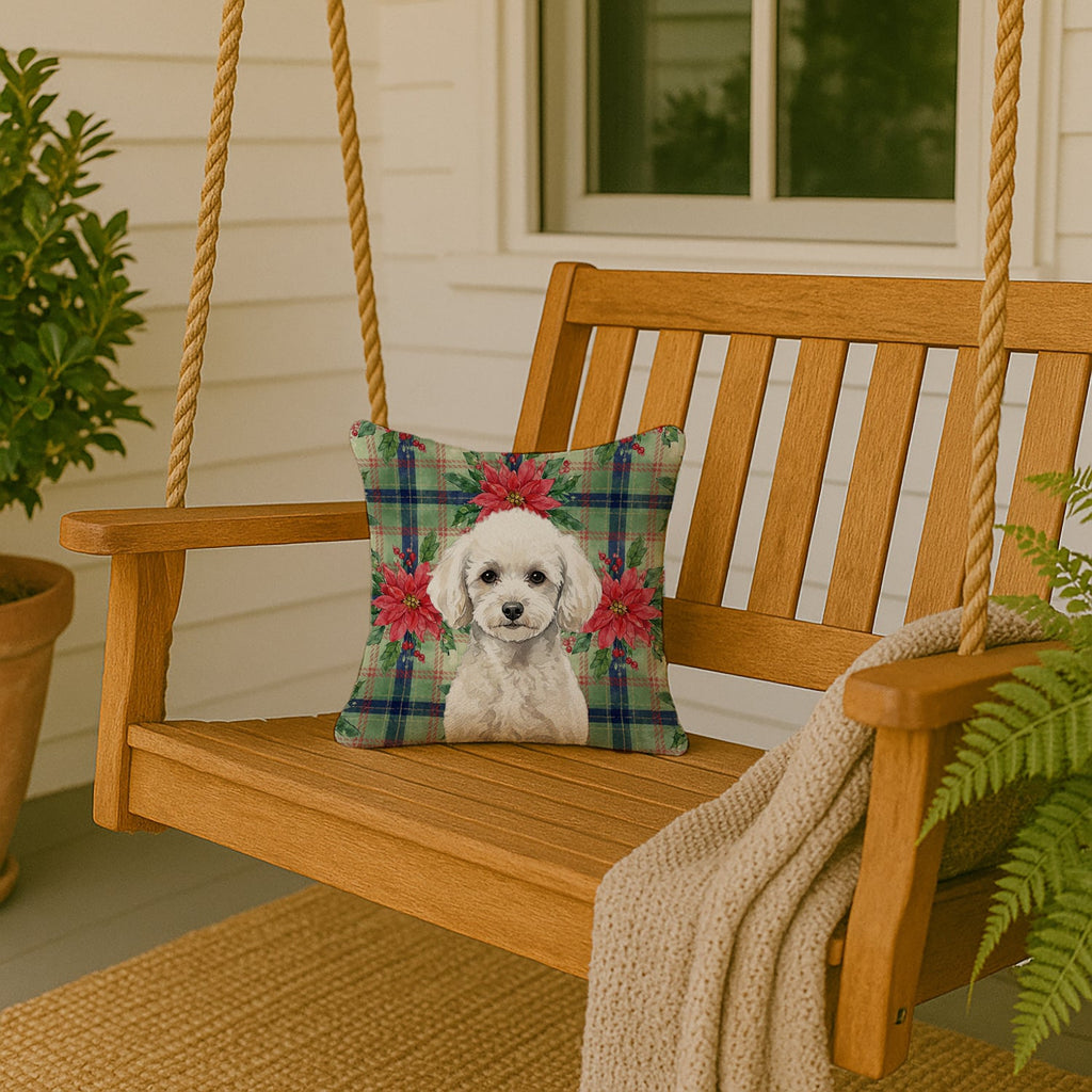 Toy White Poodle Christmas PoinsettIas Decorative Throw Pillow 14x14 Indoor Outdoor Accent Cushion, Fabric Cover with Insert for Sofa, Bed, Porch & Living Room