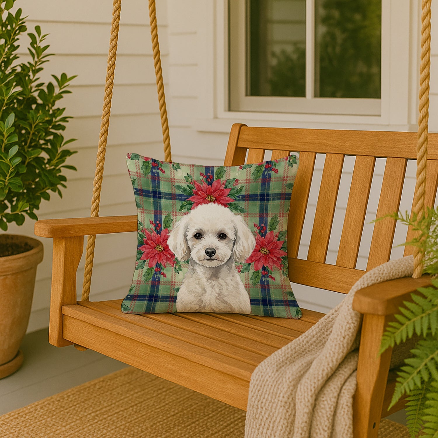 Toy White Poodle Christmas PoinsettIas Decorative Throw Pillow 18x18 Indoor Outdoor Accent Cushion, Fabric Cover with Insert for Sofa, Bed, Porch & Living Room