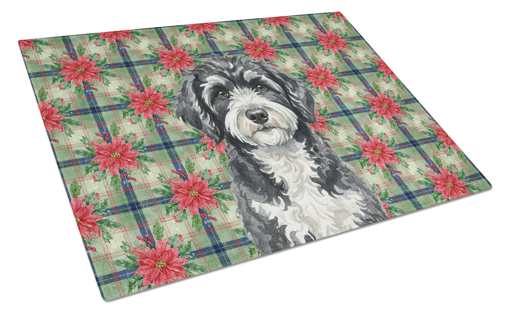 Portuguese Water Dog Christmas PoinsettIas Cutting Board Tempered Glass Kitchen Cutting Surface, Heat Resistant Chopping, Non-Slip Feet, Food Prep & Serving